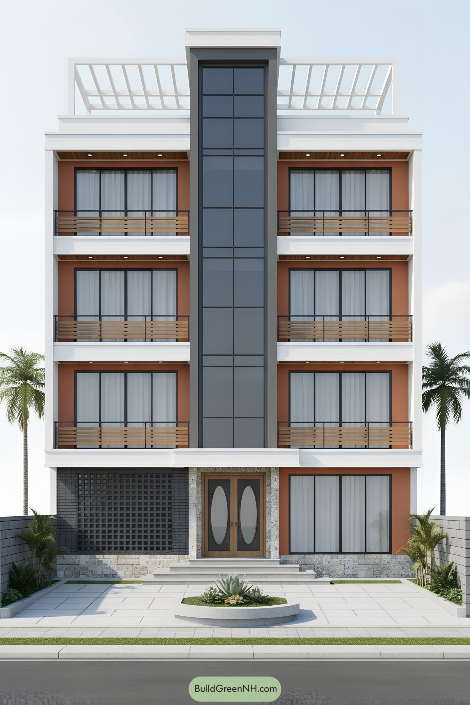 Four-story modern facade with central glass core and warm terracotta panels