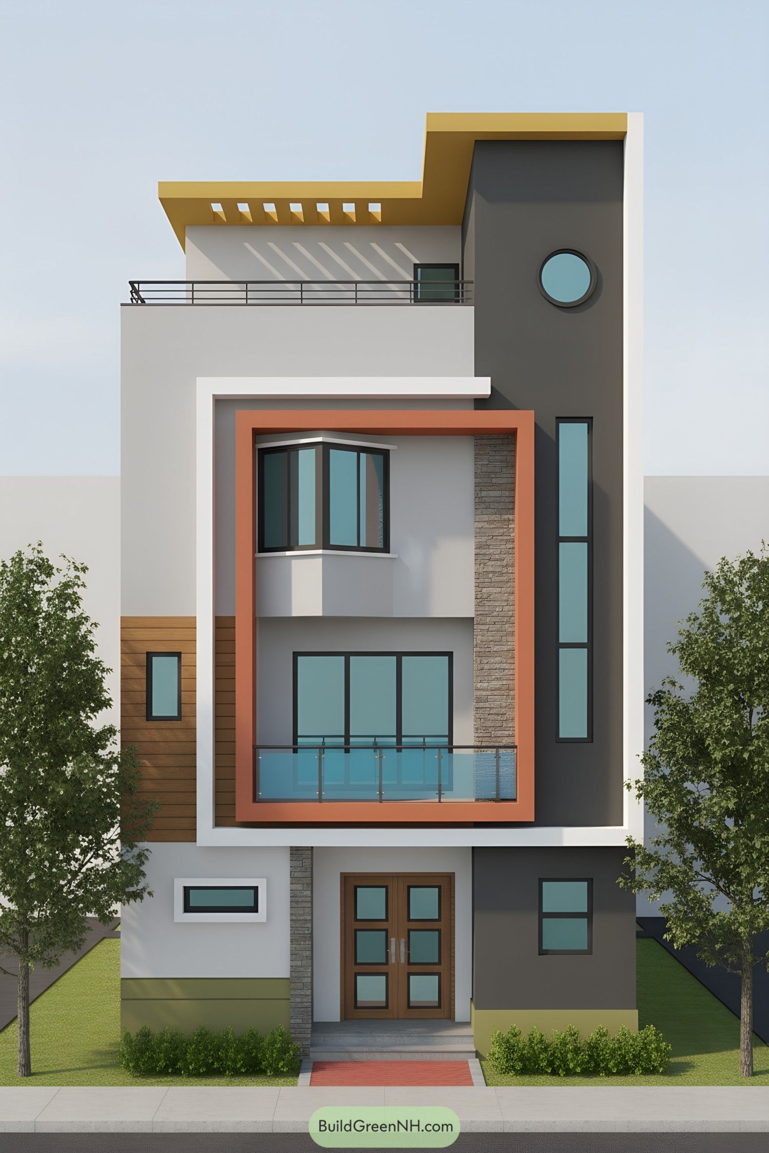 Modern three-story facade with orange frame and bay window