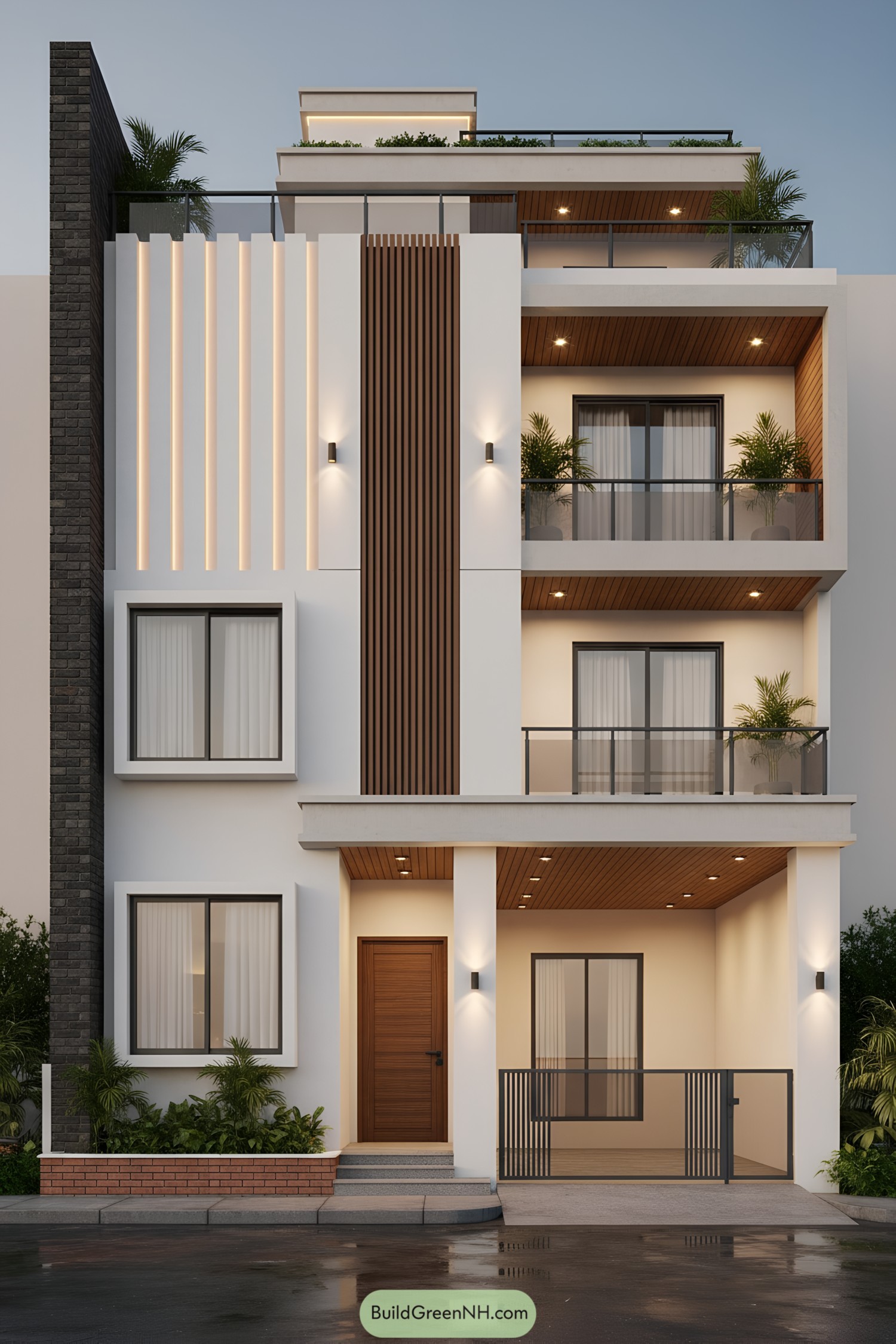 Modern three-story facade with vertical lights wood slats and glass balconies