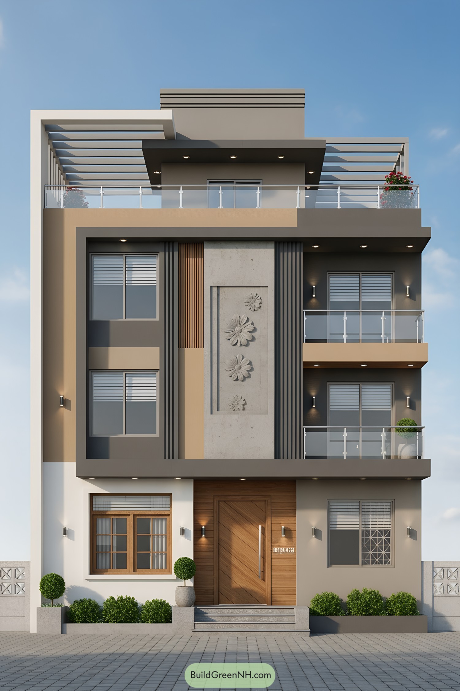 Modern three-story home with floral concrete panel and glass-railed balconies