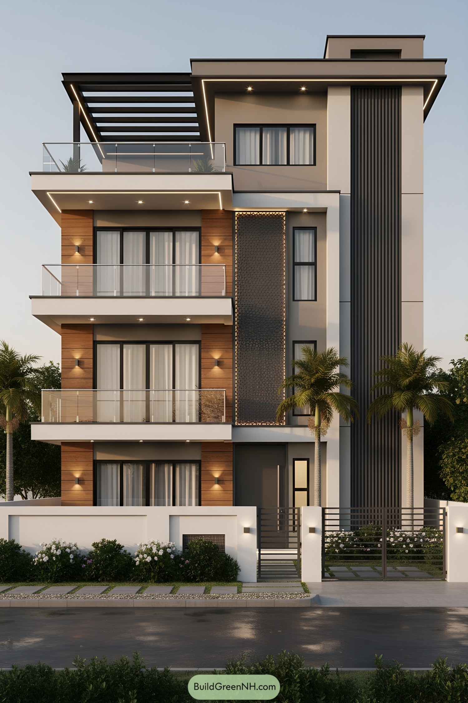 Modern four story house with wood cladding glass railings and vertical black screen
