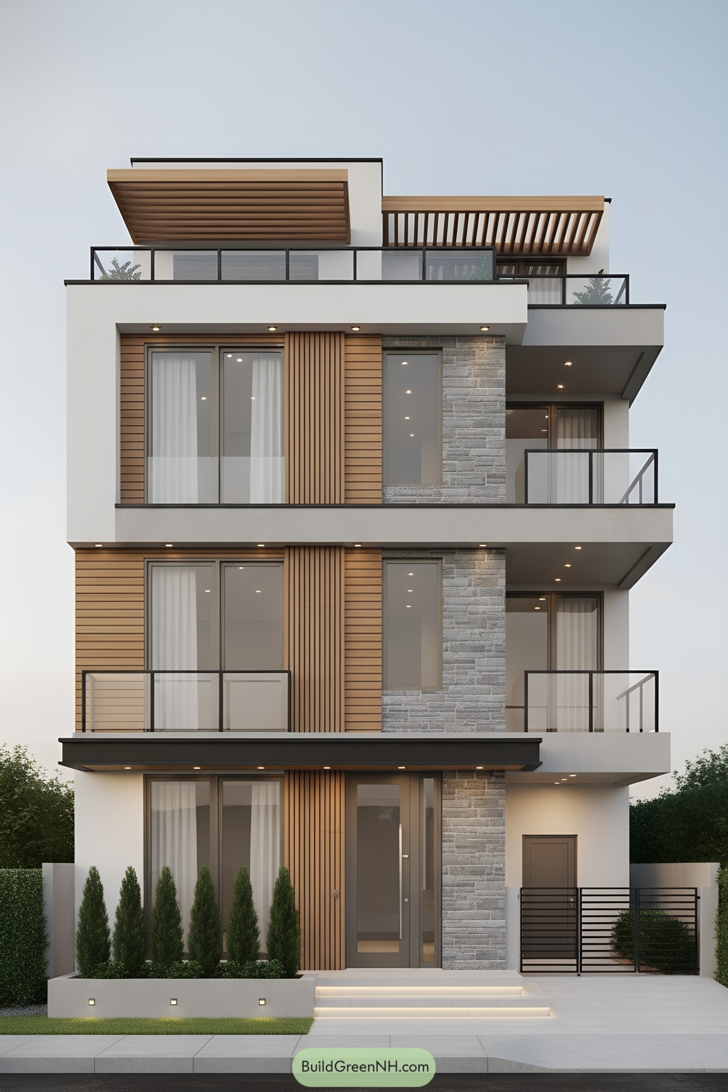 Modern three-story facade with wood slats, stone cladding, glass balconies, and cantilevered pergolas