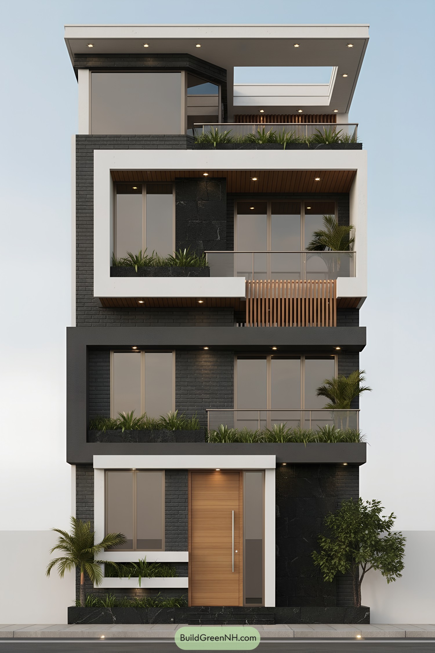 Modern stacked facade with dark brick, white frames, wood door, and planter-lined balconies