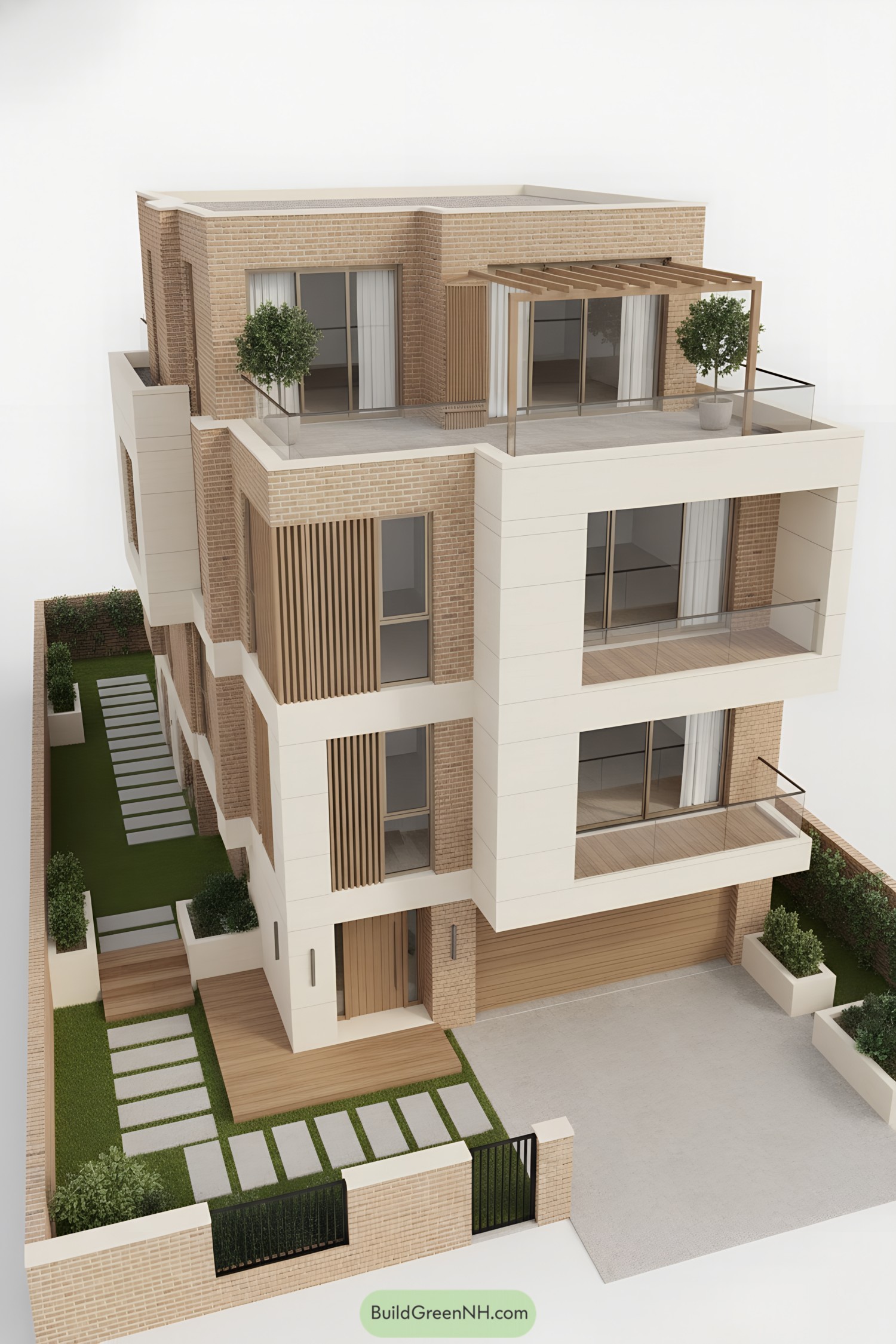 Modern townhouse with layered brick, cream cladding, and glass balconies featuring wood screens and a rooftop pergola