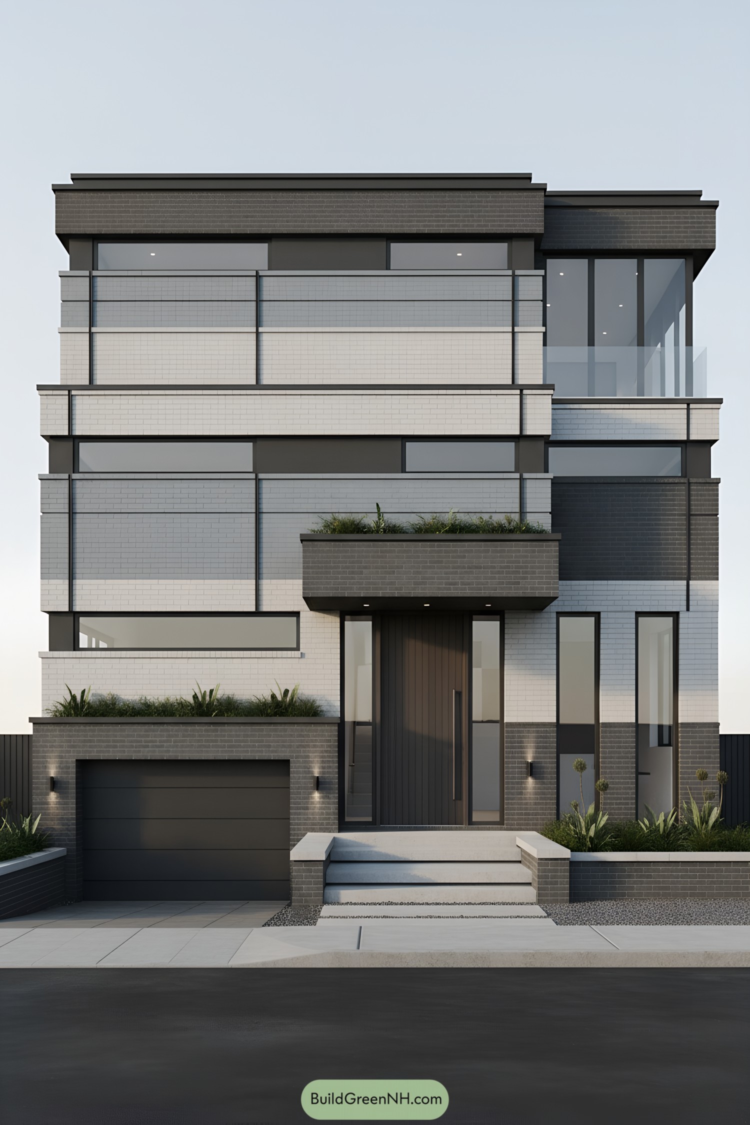 Modern brick facade with dark bands, slim ribbon windows, and a glass corner terrace