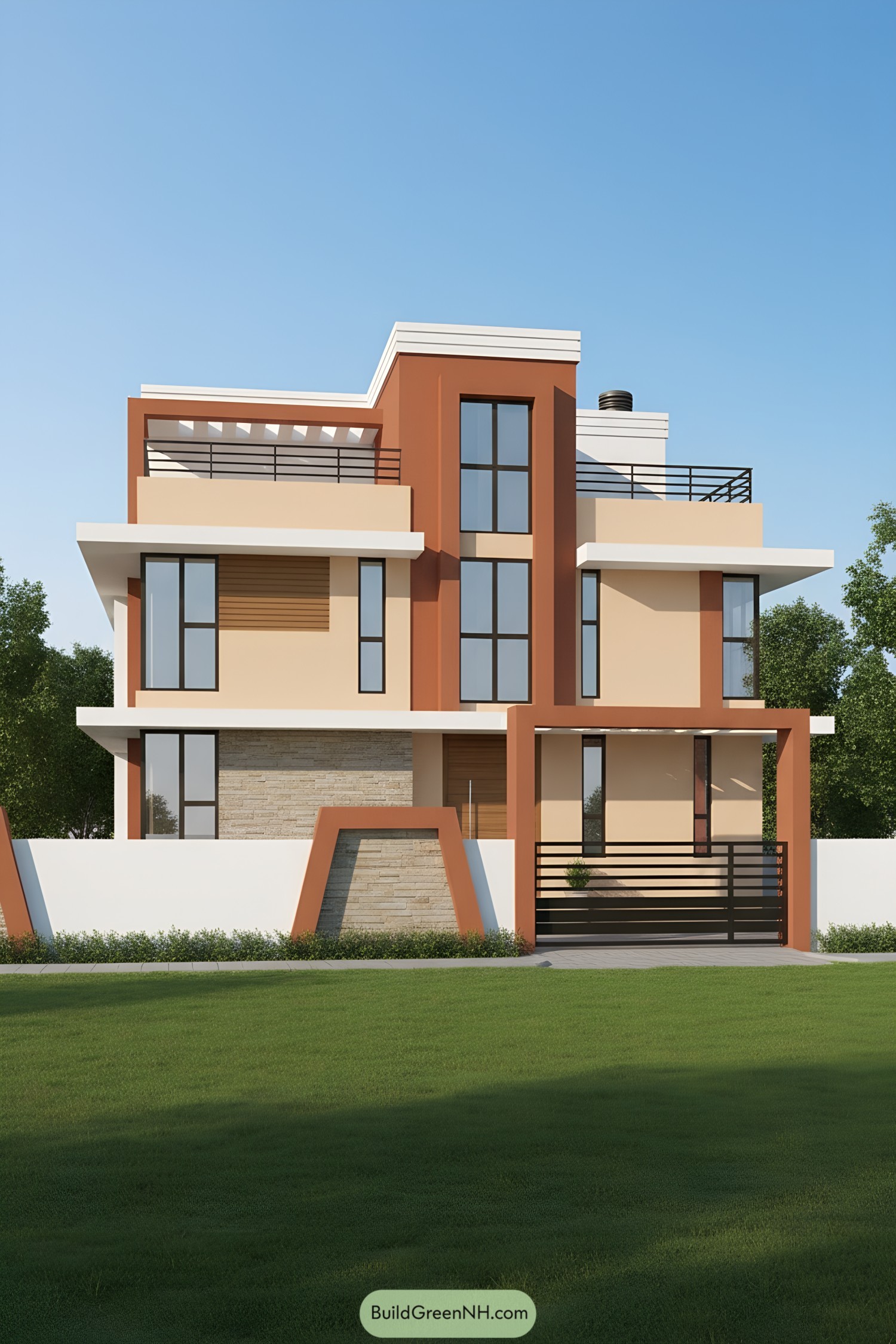 Modern three-story house with terracotta frames and stepped balconies