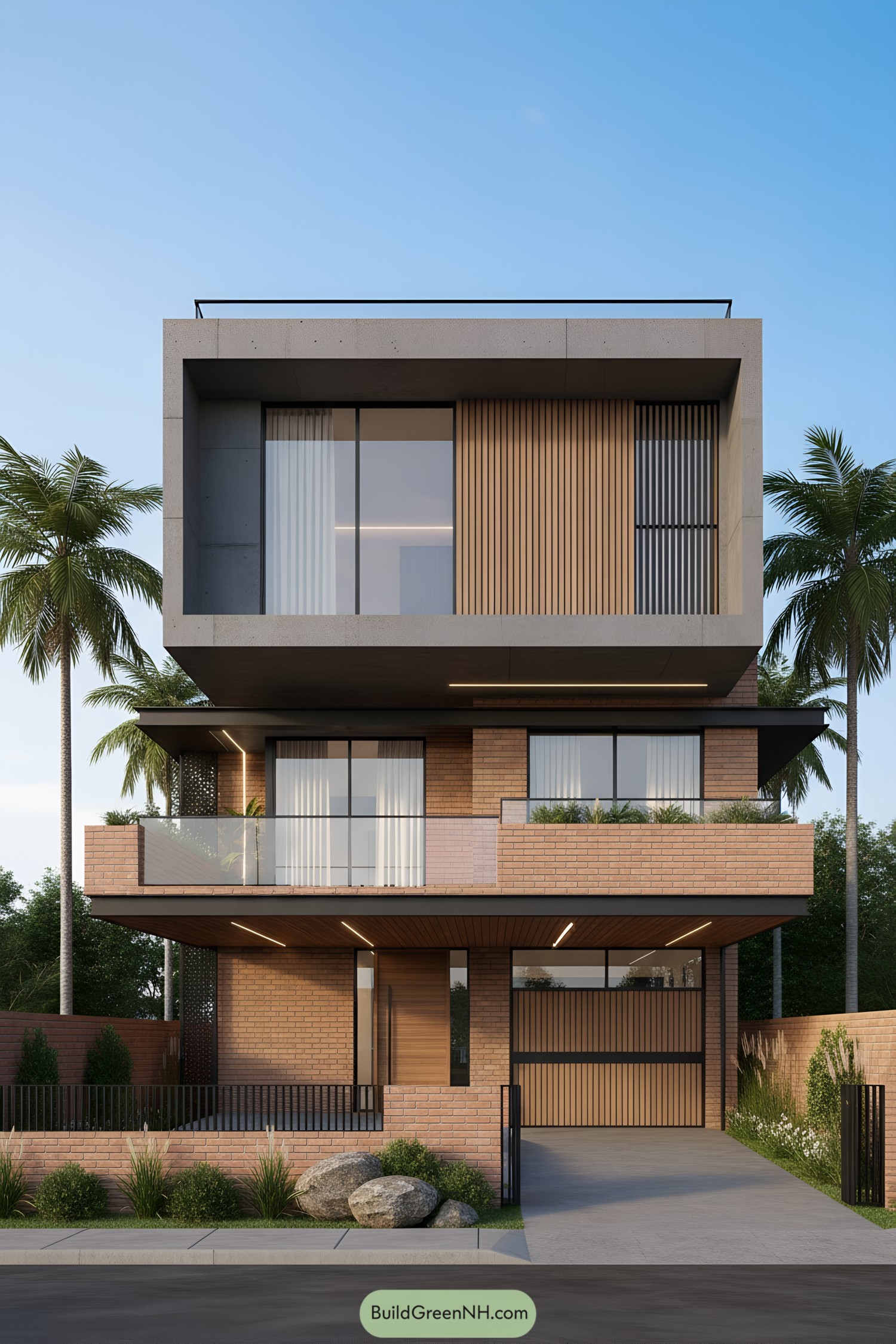 Modern brick house with cantilevered terraces and vertical timber screens