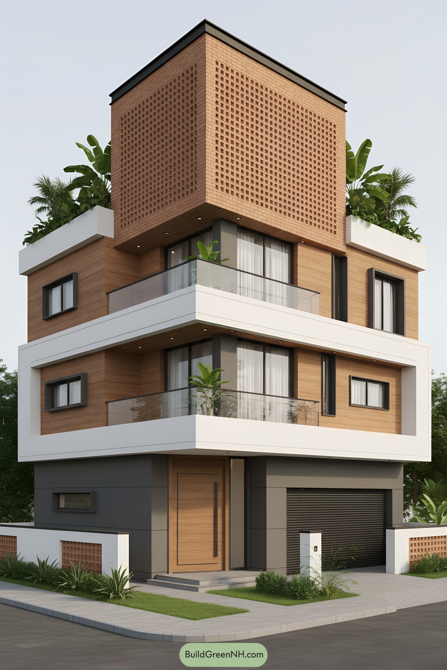 Modern townhouse with perforated brick cube, wood cladding, white bands, and glass balconies