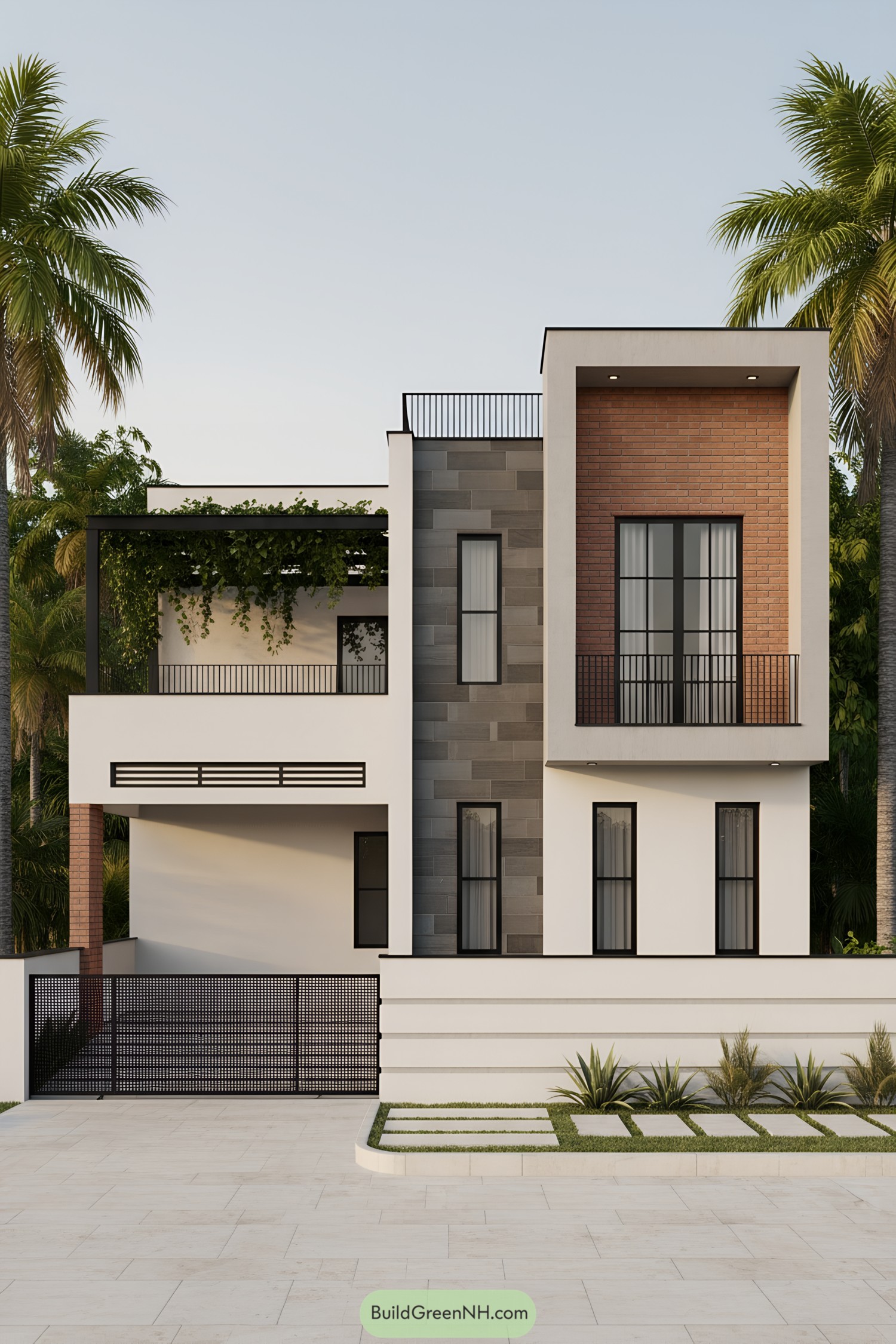 Modern facade with brick inset bay and vine pergola