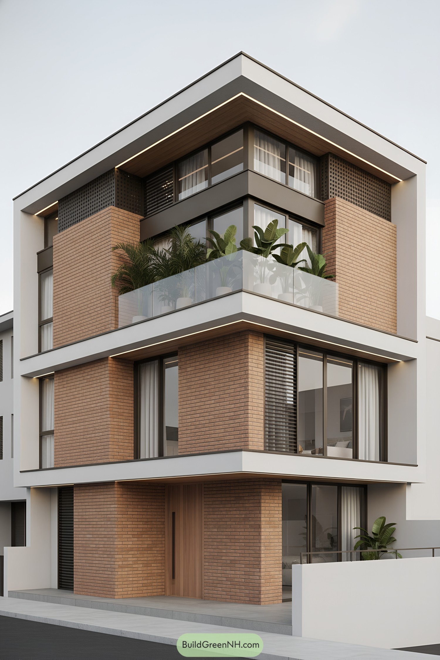 Modern townhouse with stacked brick volumes, wraparound white eaves, and a glass-balustrade terrace filled with lush plants