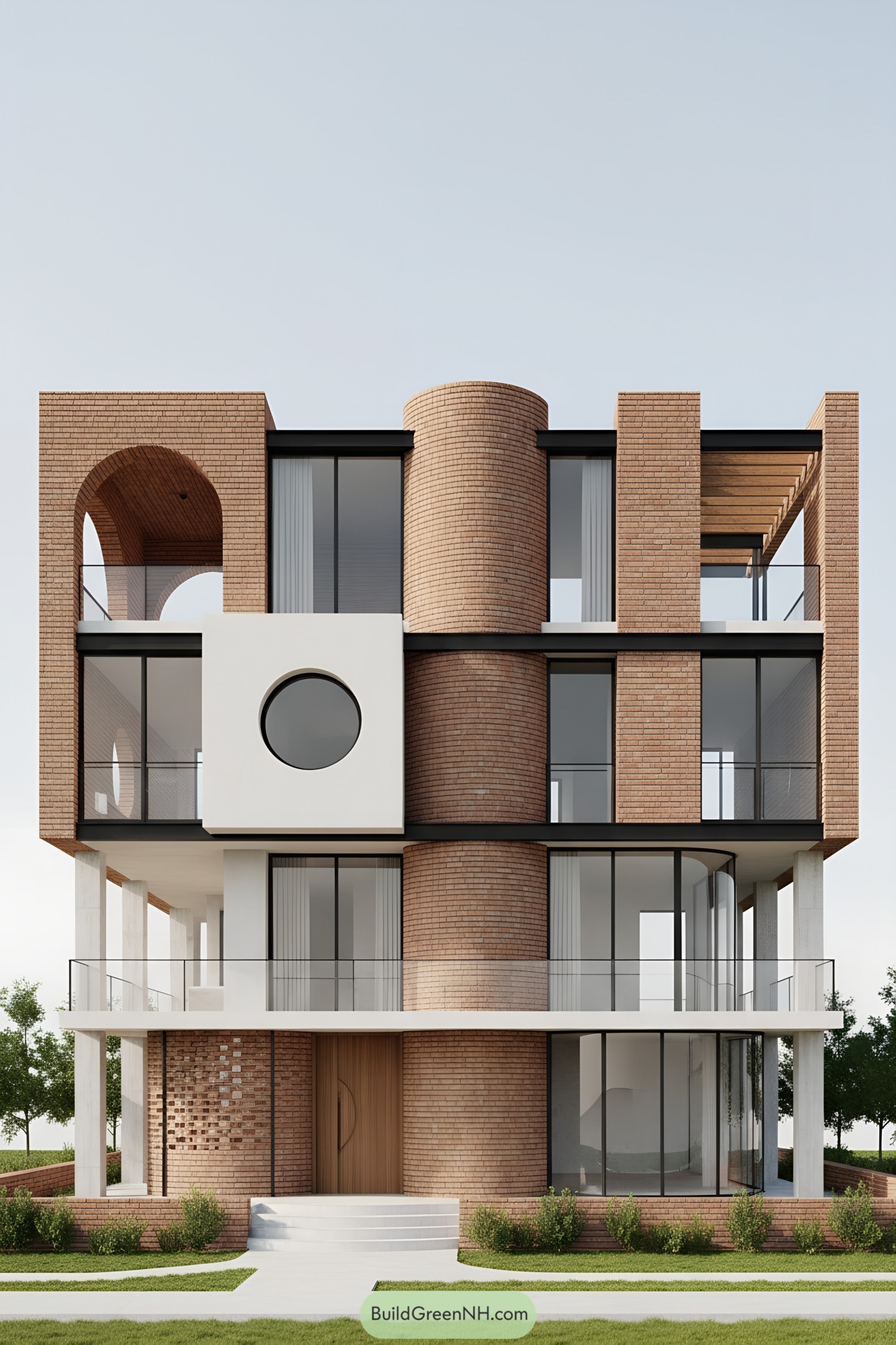 Modern brick facade with cylindrical core and arches