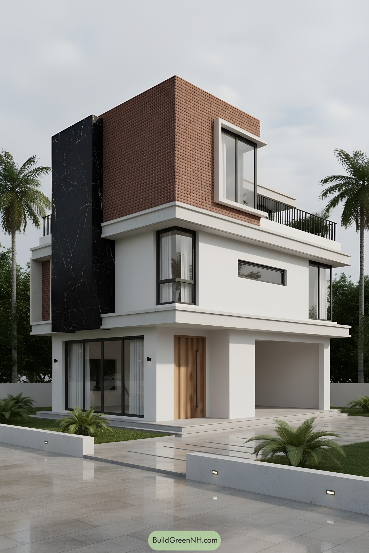 Modern three-story house with brick, white render, and black marble panel accents