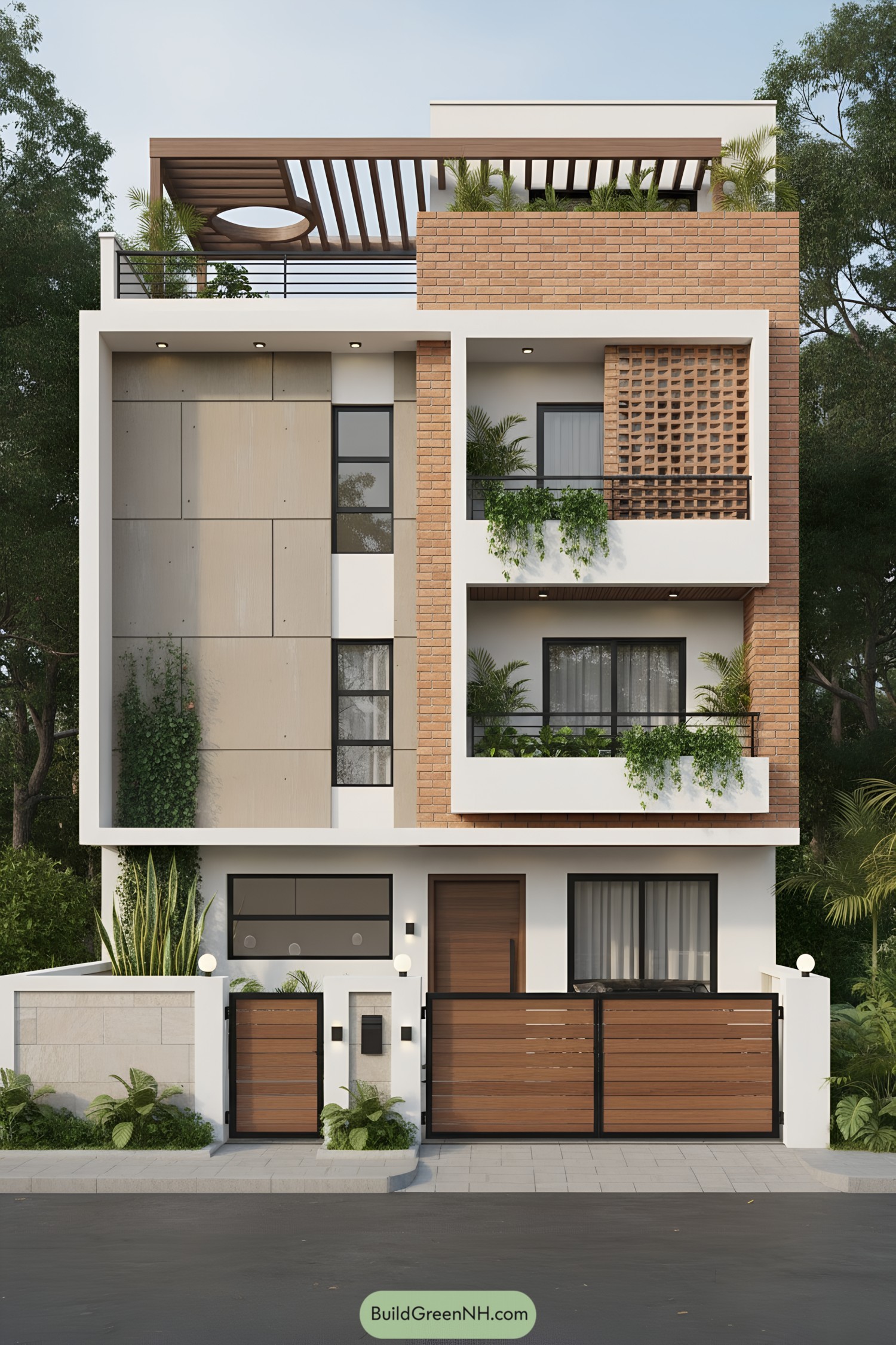 Modern brick facade with white frames and wood accents