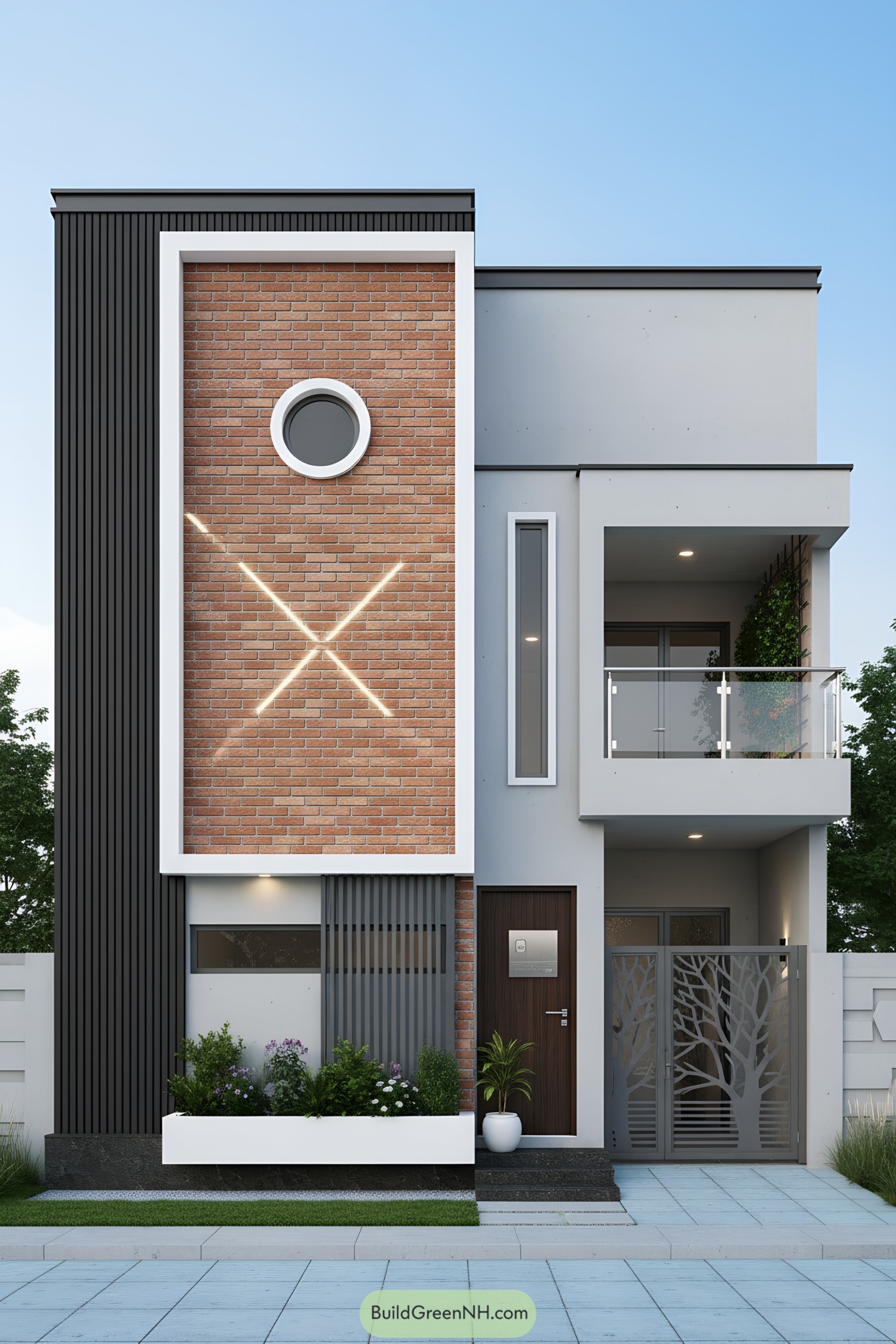 Modern facade with round window and brick panel