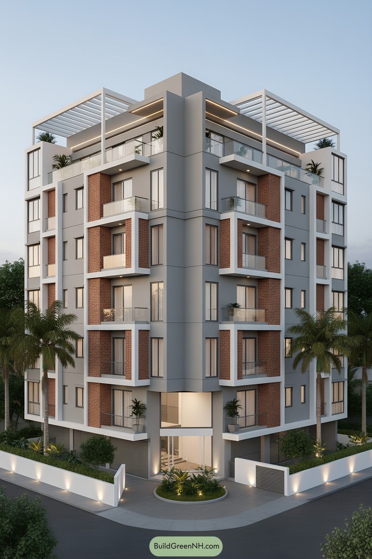 Modern midrise with brick insets and white-framed balconies