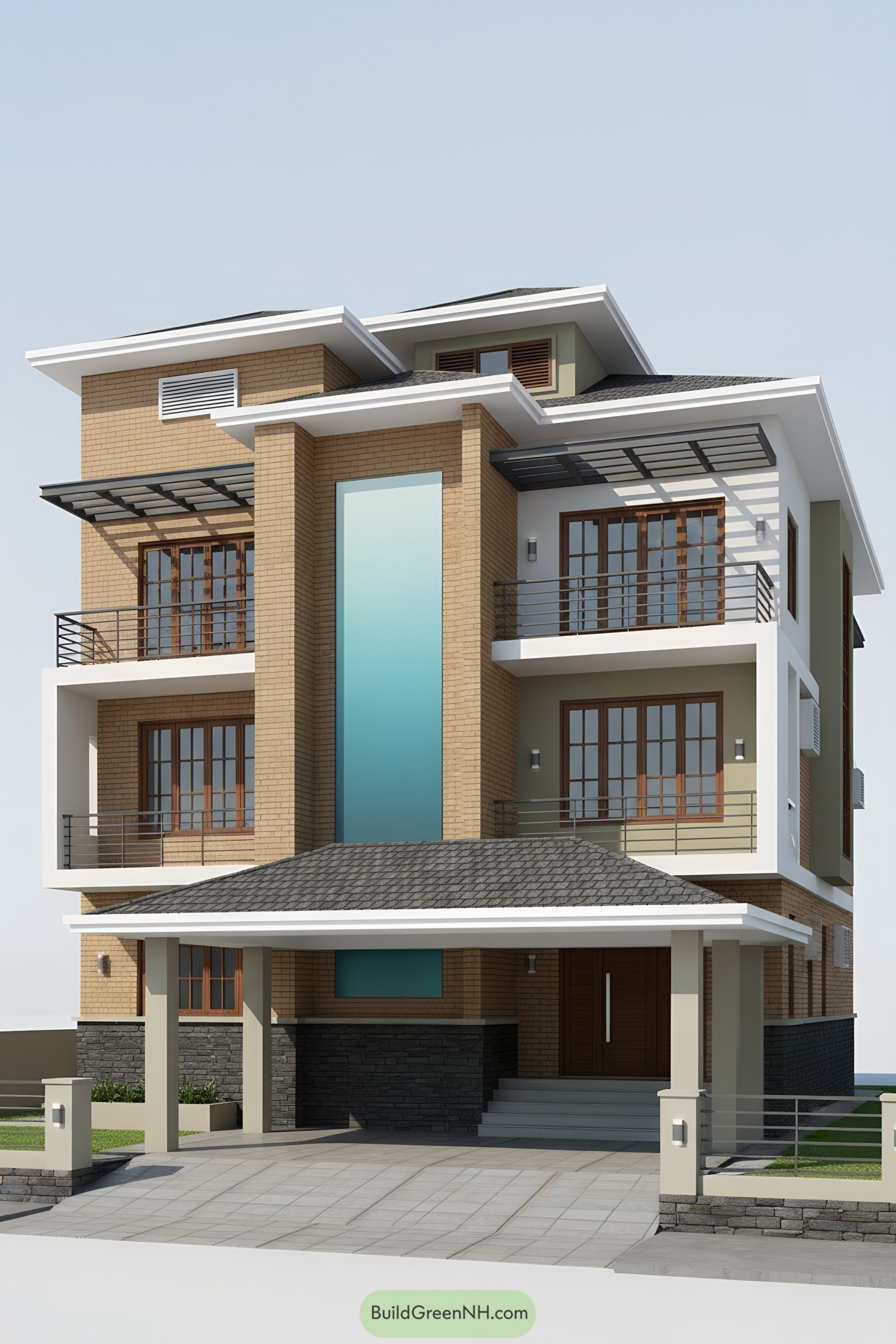 Modern multi-level house with tan brick, teal glass panel, and layered balconies