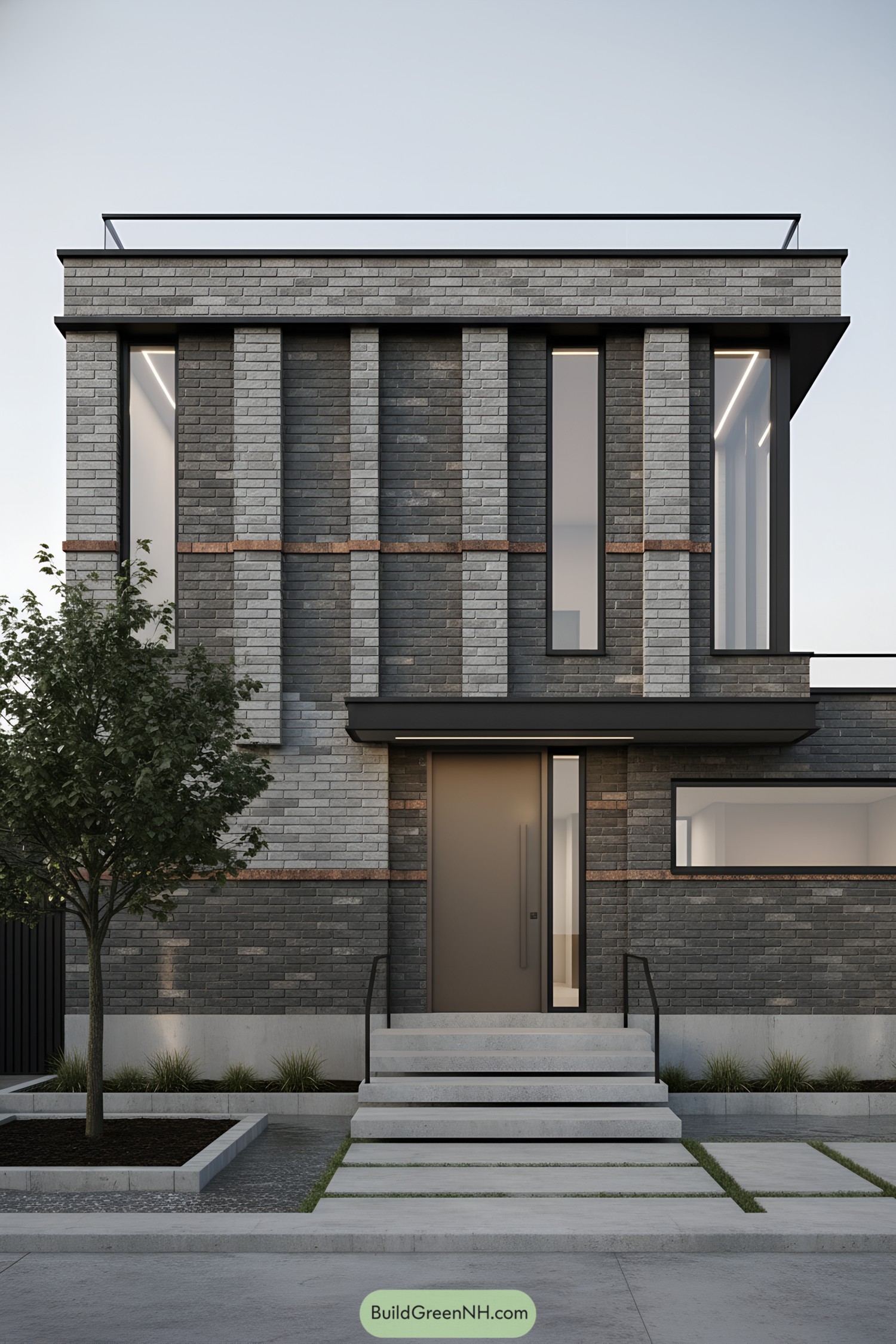 Modern brick facade with vertical fins and narrow windows