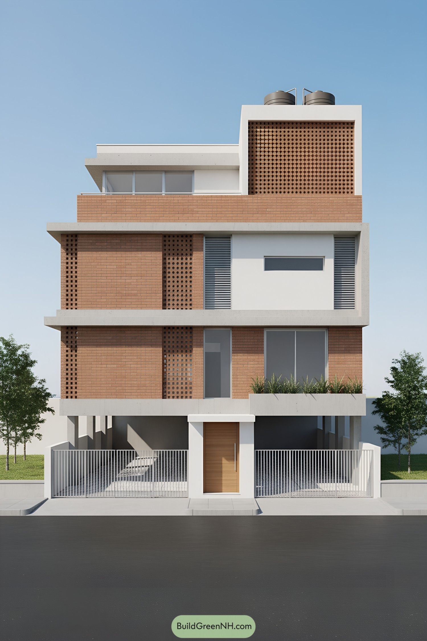 Modern brick facade with perforated screens