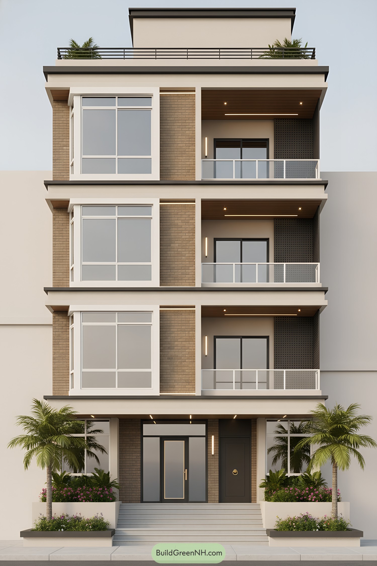 Modern townhouse facade with brick bays, large white-framed windows, and stacked balconies