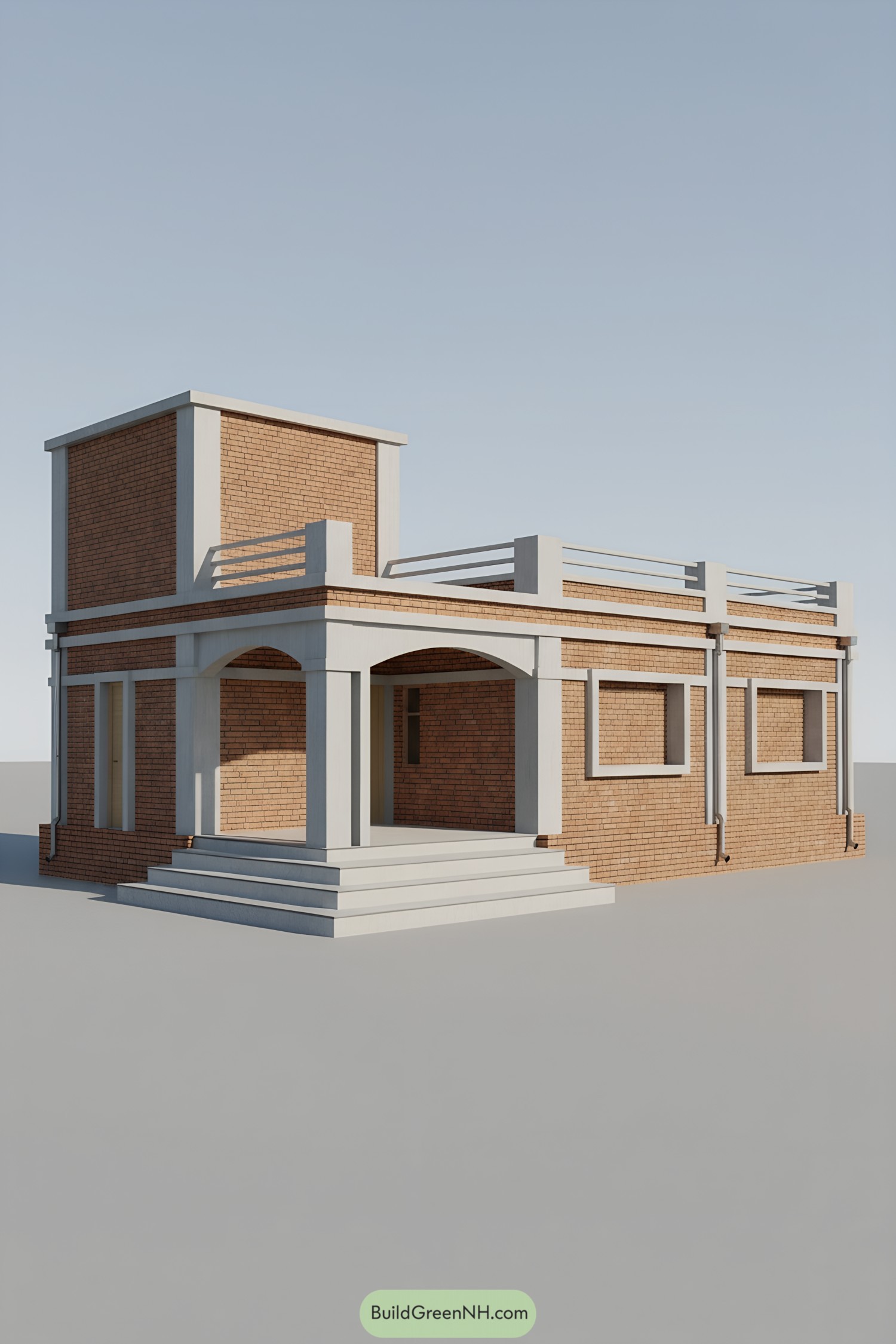 Single-story brick house with arched porch, tall tower volume, and clean concrete trims