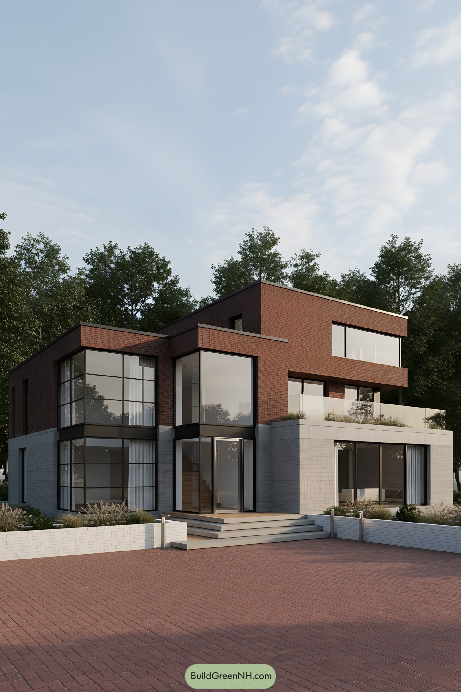 Modern brick home with stacked volumes and expansive glass