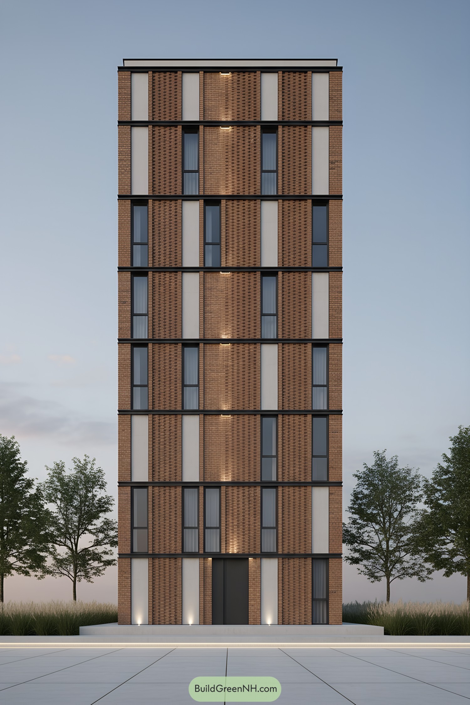 Tall narrow facade with woven brick panels and slim vertical windows at dusk
