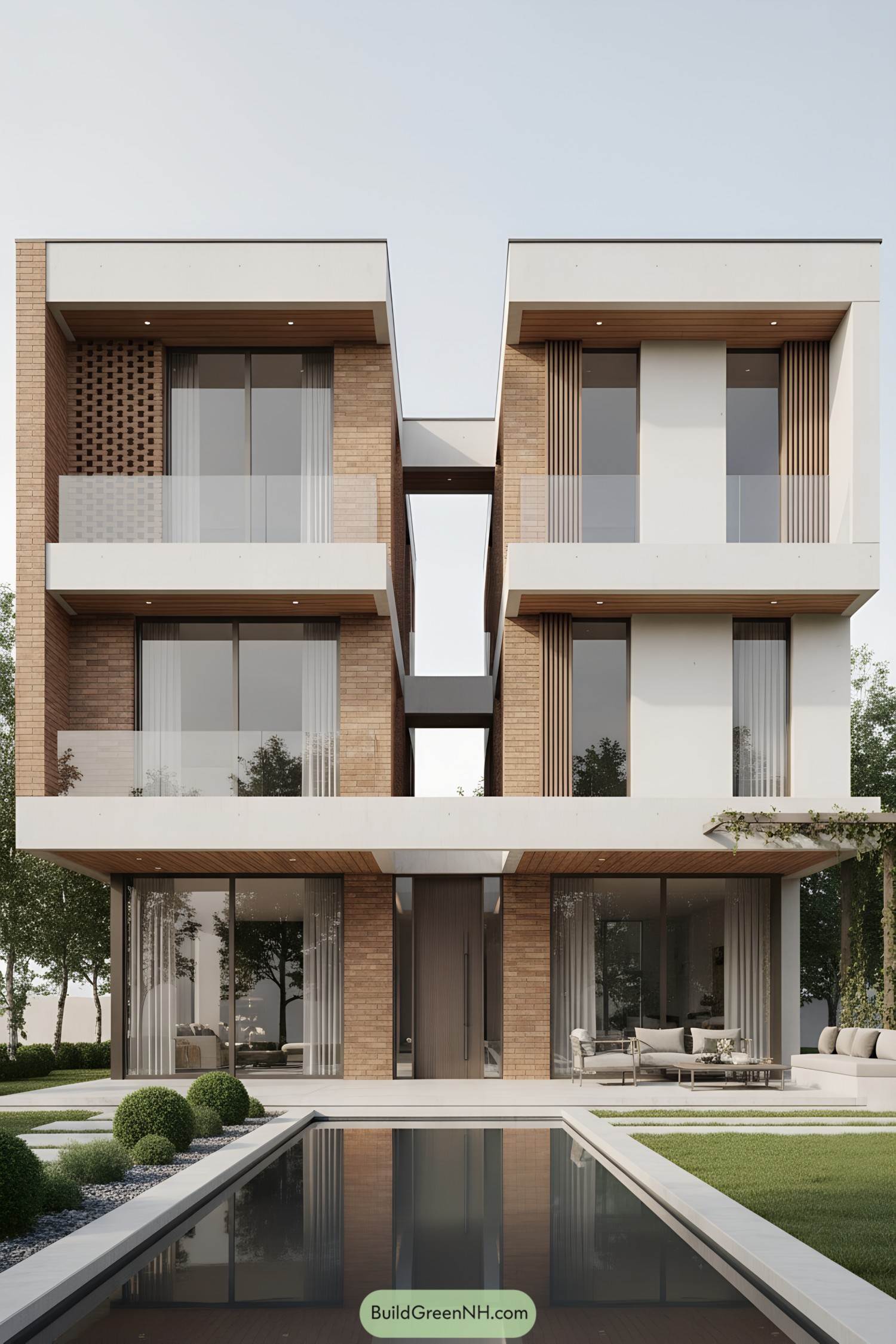 Modern brick and white concrete house with central bridge and reflecting pool