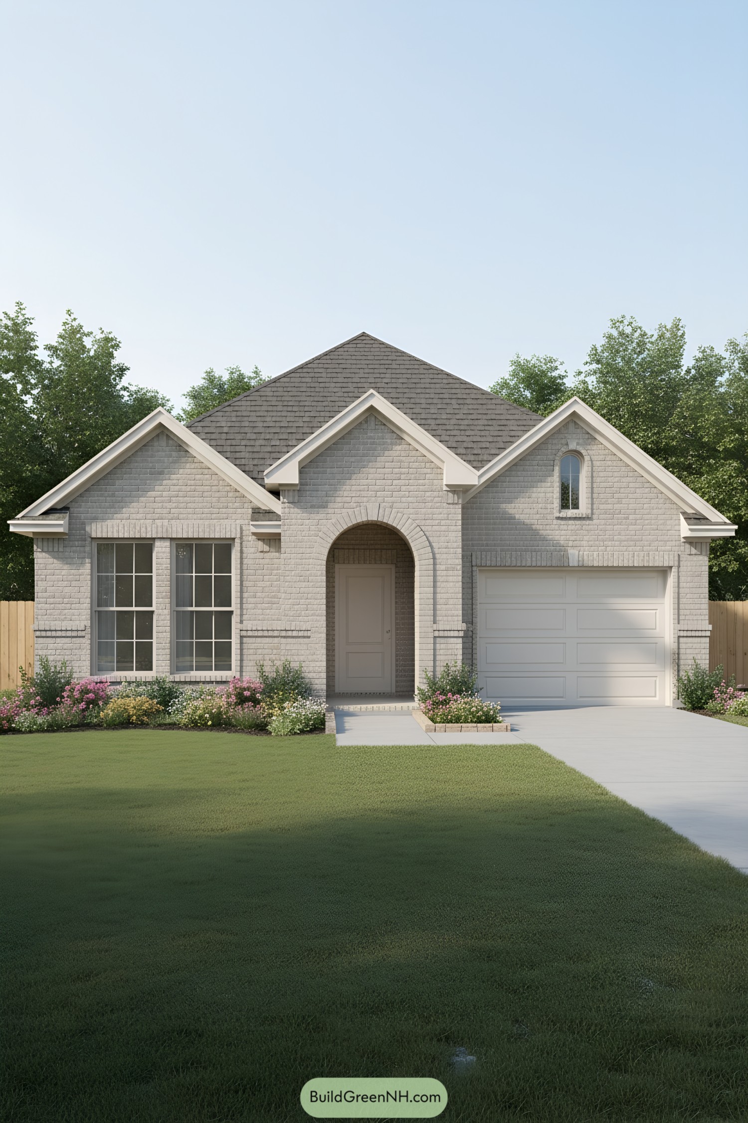Light gray brick house with arched entry, gabled roof, and single garage