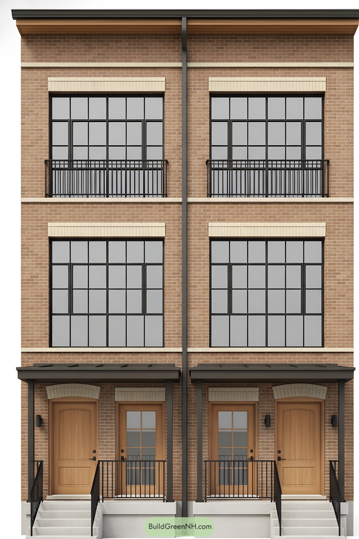 Symmetrical townhome front with brick and black steel windows