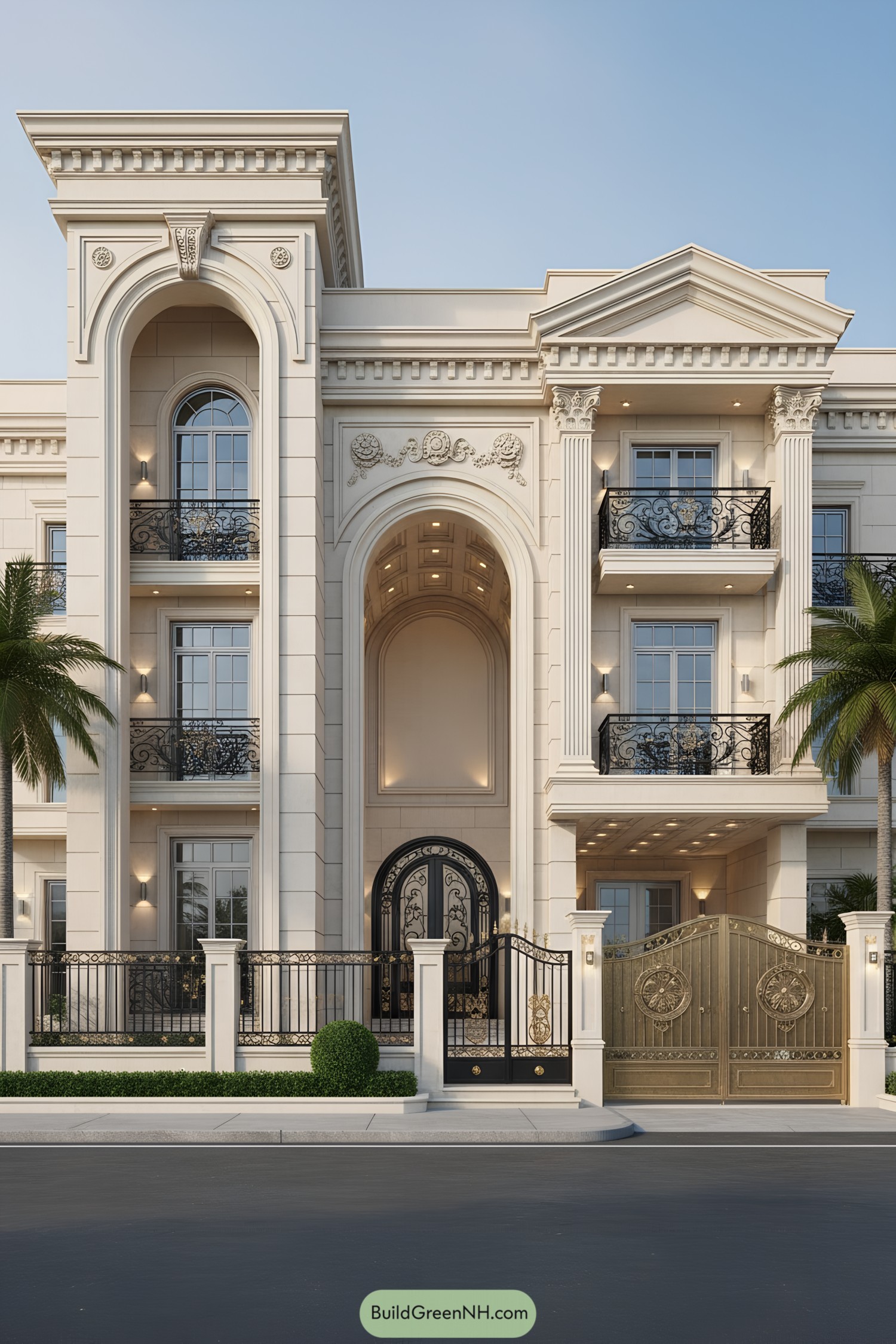 Grand neoclassical facade with ornate balconies