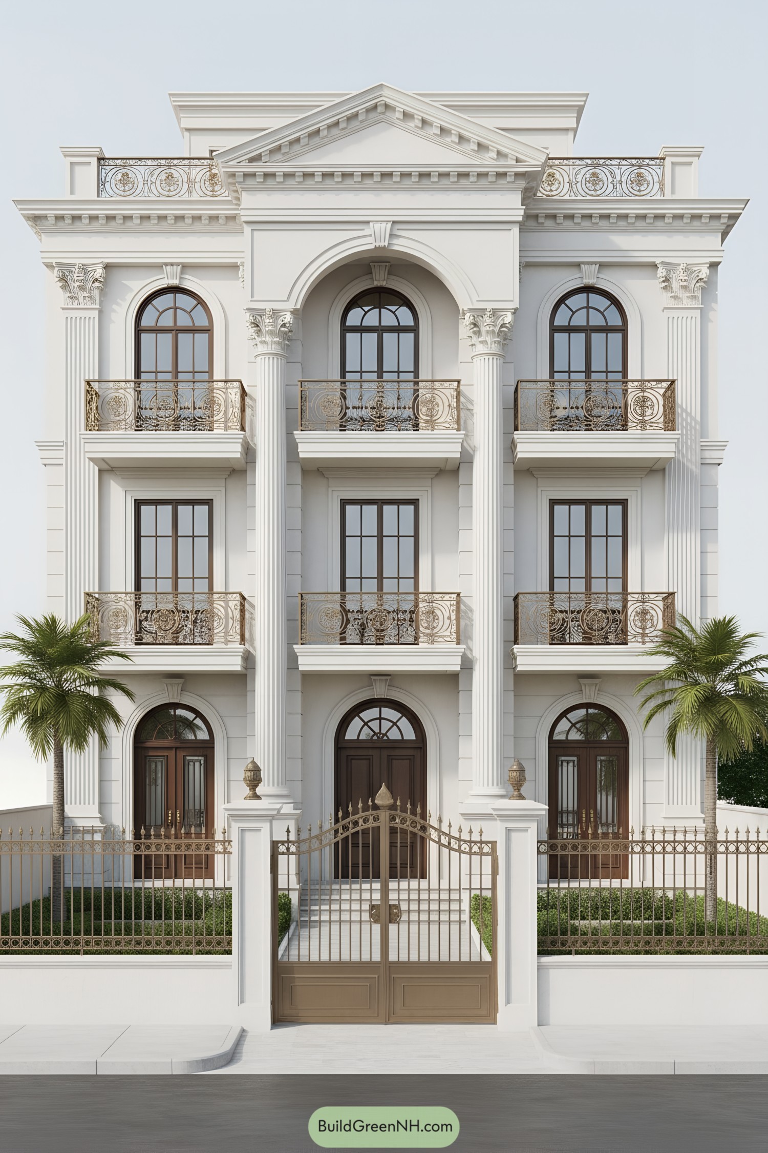 White neoclassical townhouse with tall columns, arched windows, and ornate bronze railings behind a matching gate