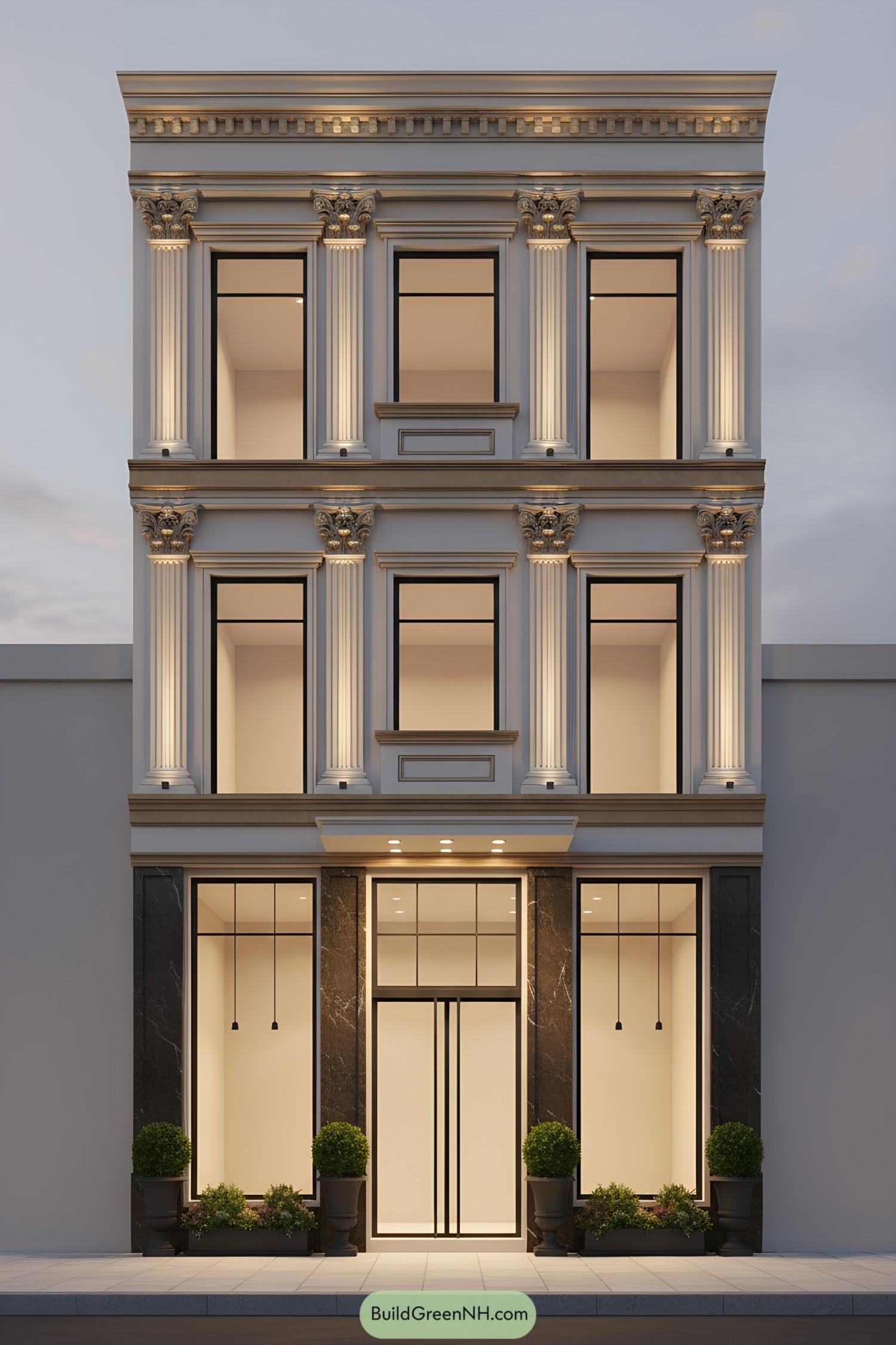 Three-story classical facade with lit Corinthian pilasters and tall windows