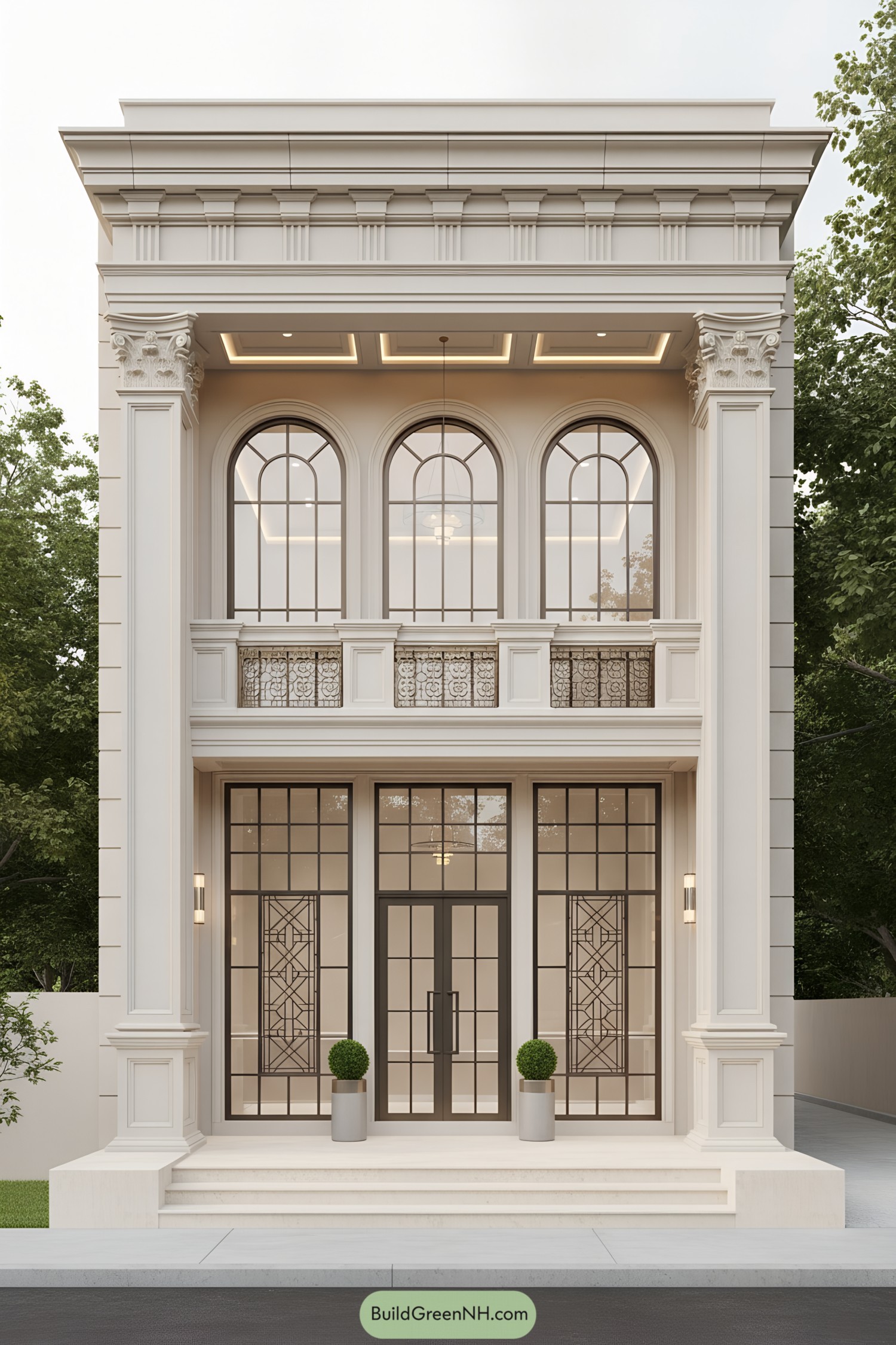 Elegant neoclassical facade with arched windows