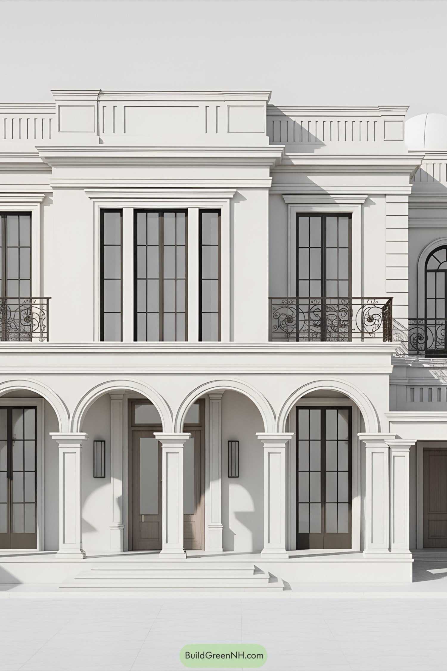 White stucco facade with triple arches and tall black-framed windows