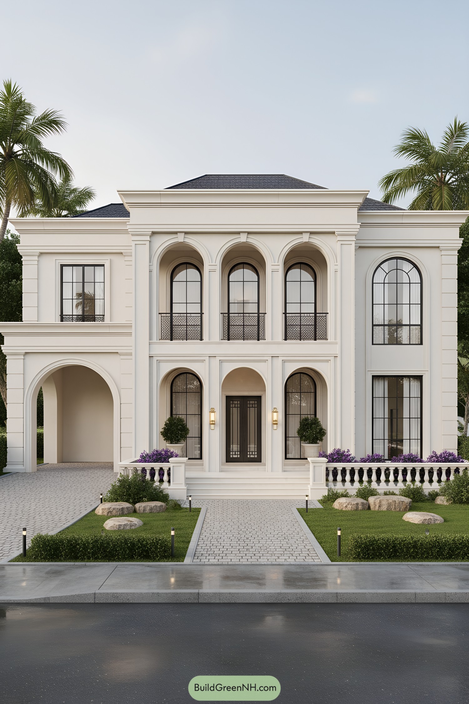 Symmetrical white façade with arched colonnade