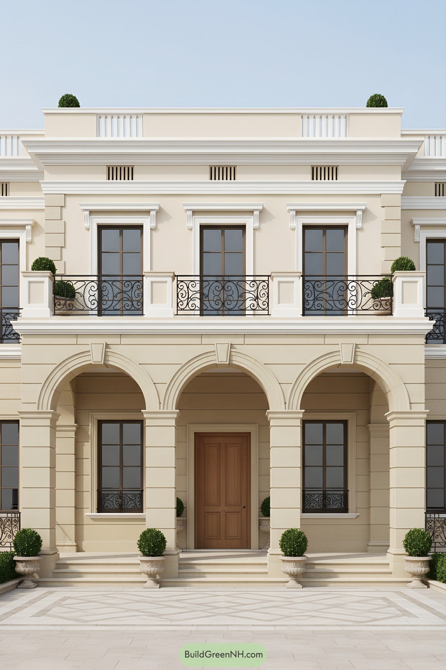 Classical facade with arches and iron balustrades