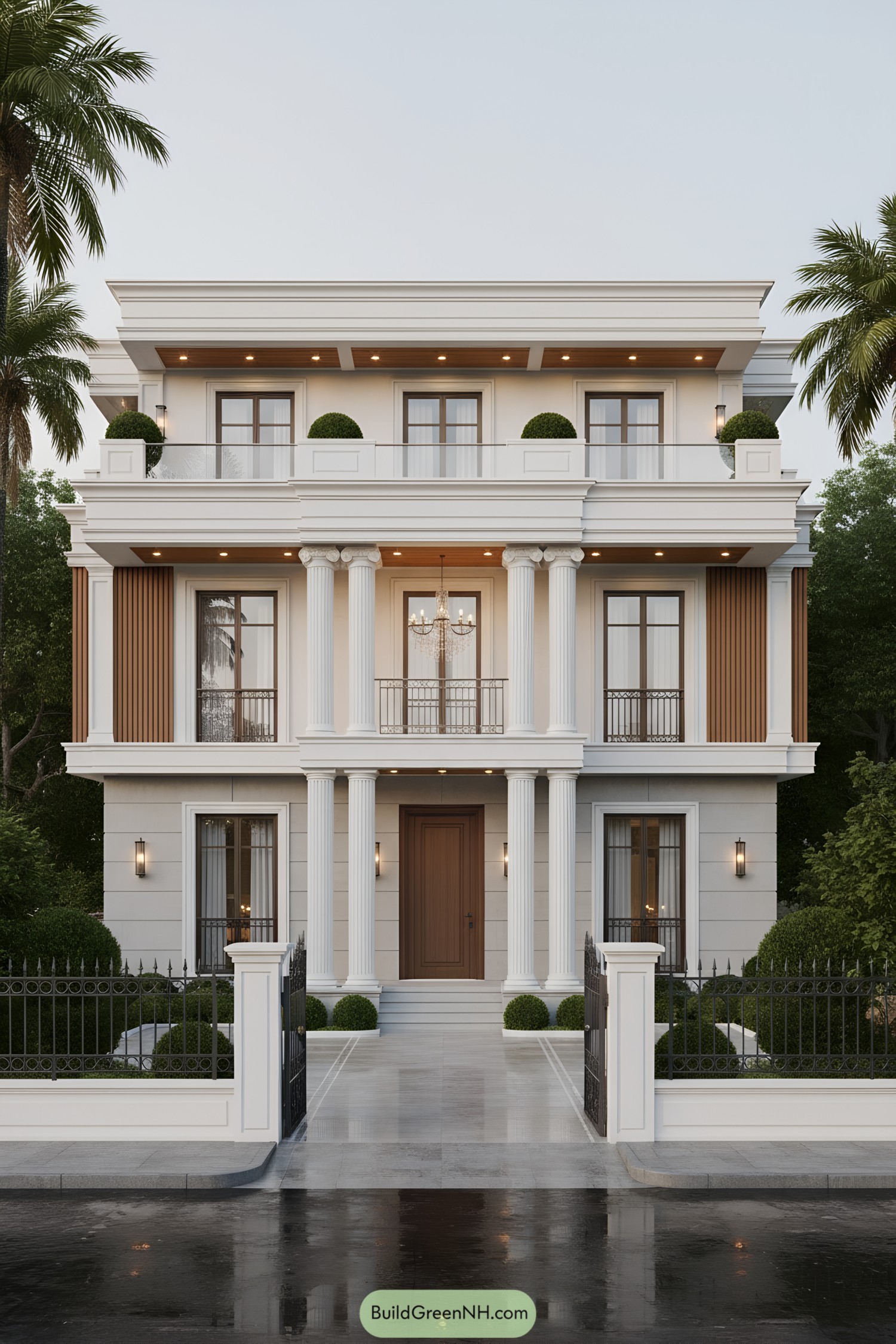 Three-story neoclassical facade with columns and balconies