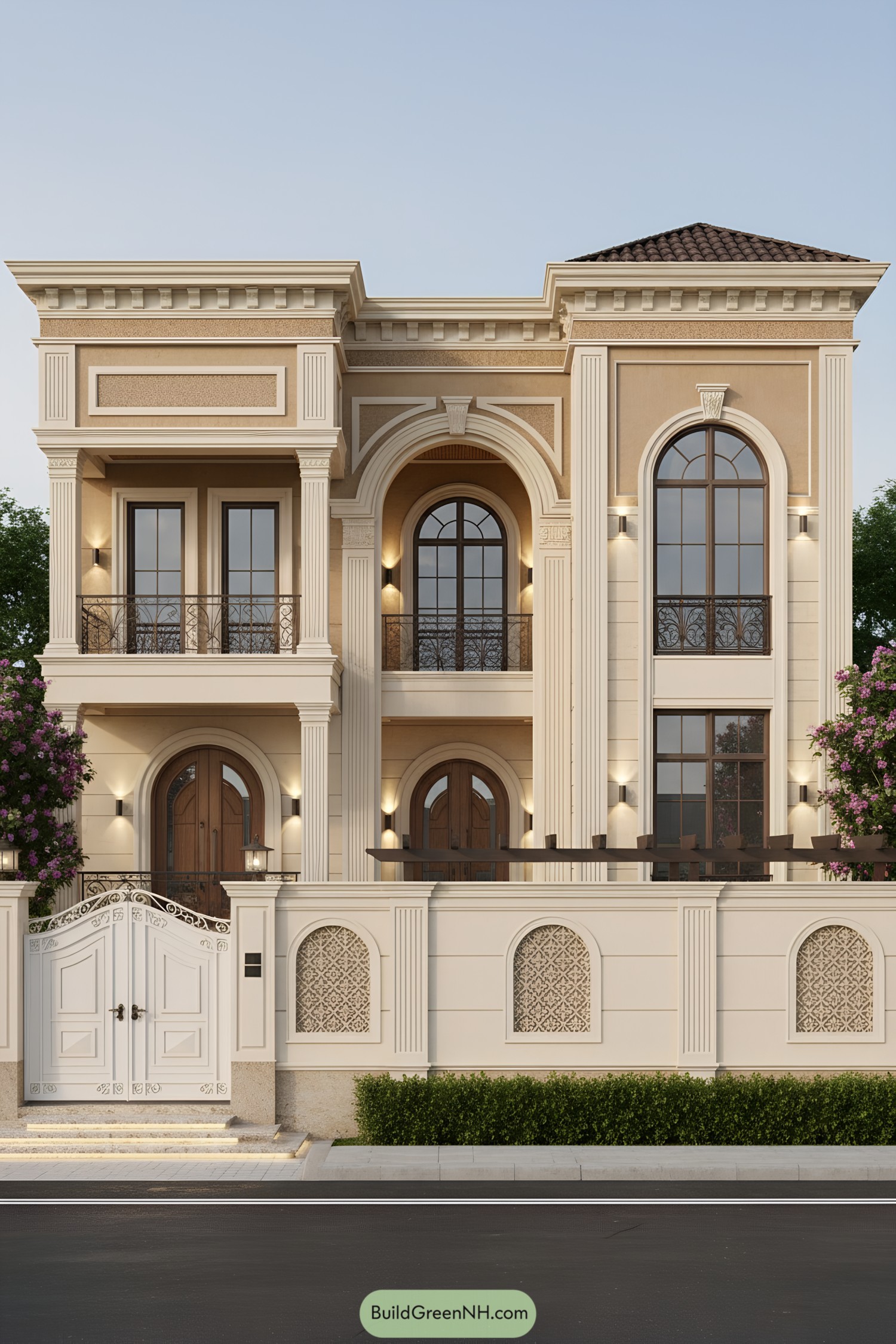 Two-story classical facade with grand arches and tall windows, ornate iron balconies, and creamy stucco with stone detailing