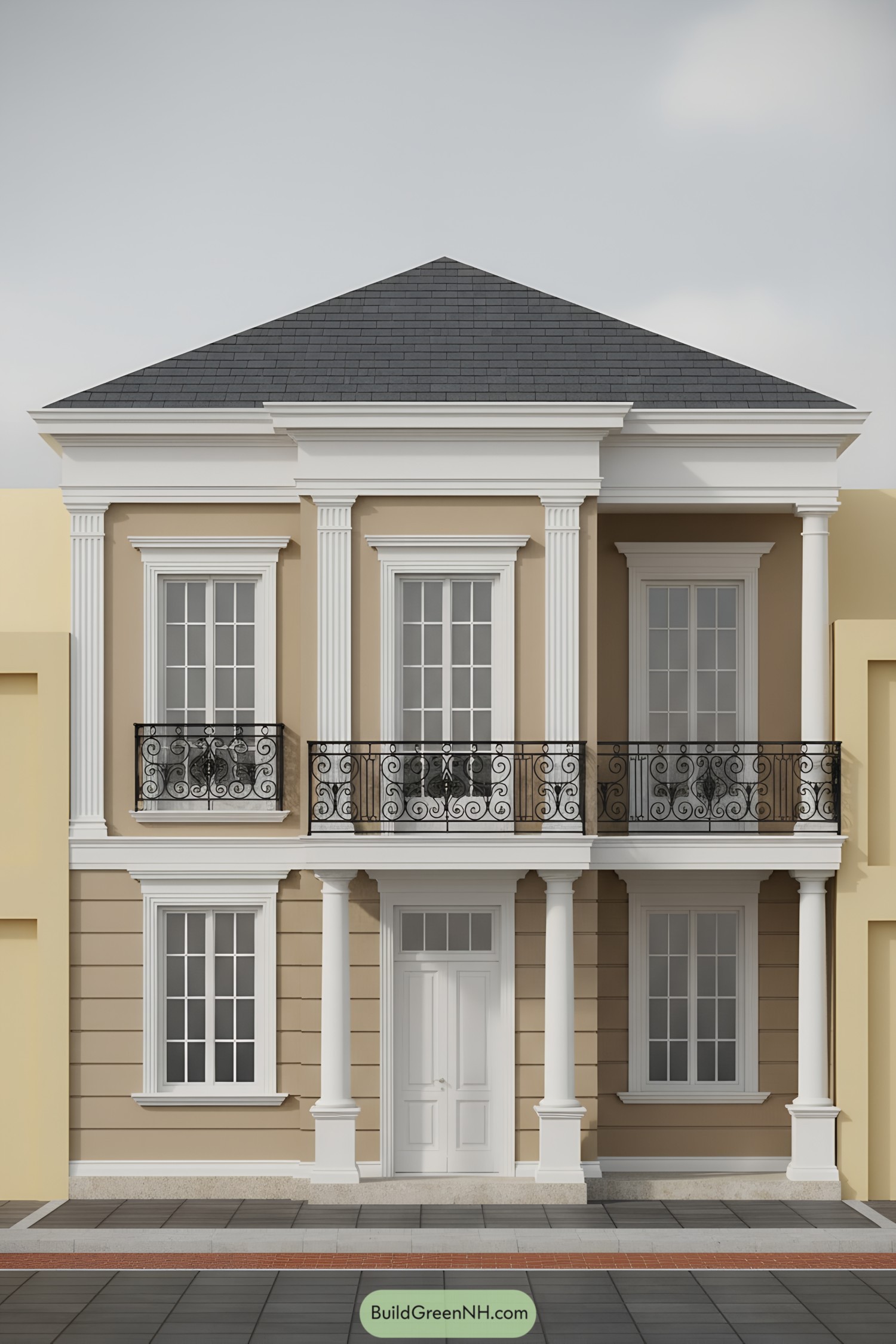 Two-story neoclassical facade with columns and wrought-iron balcony