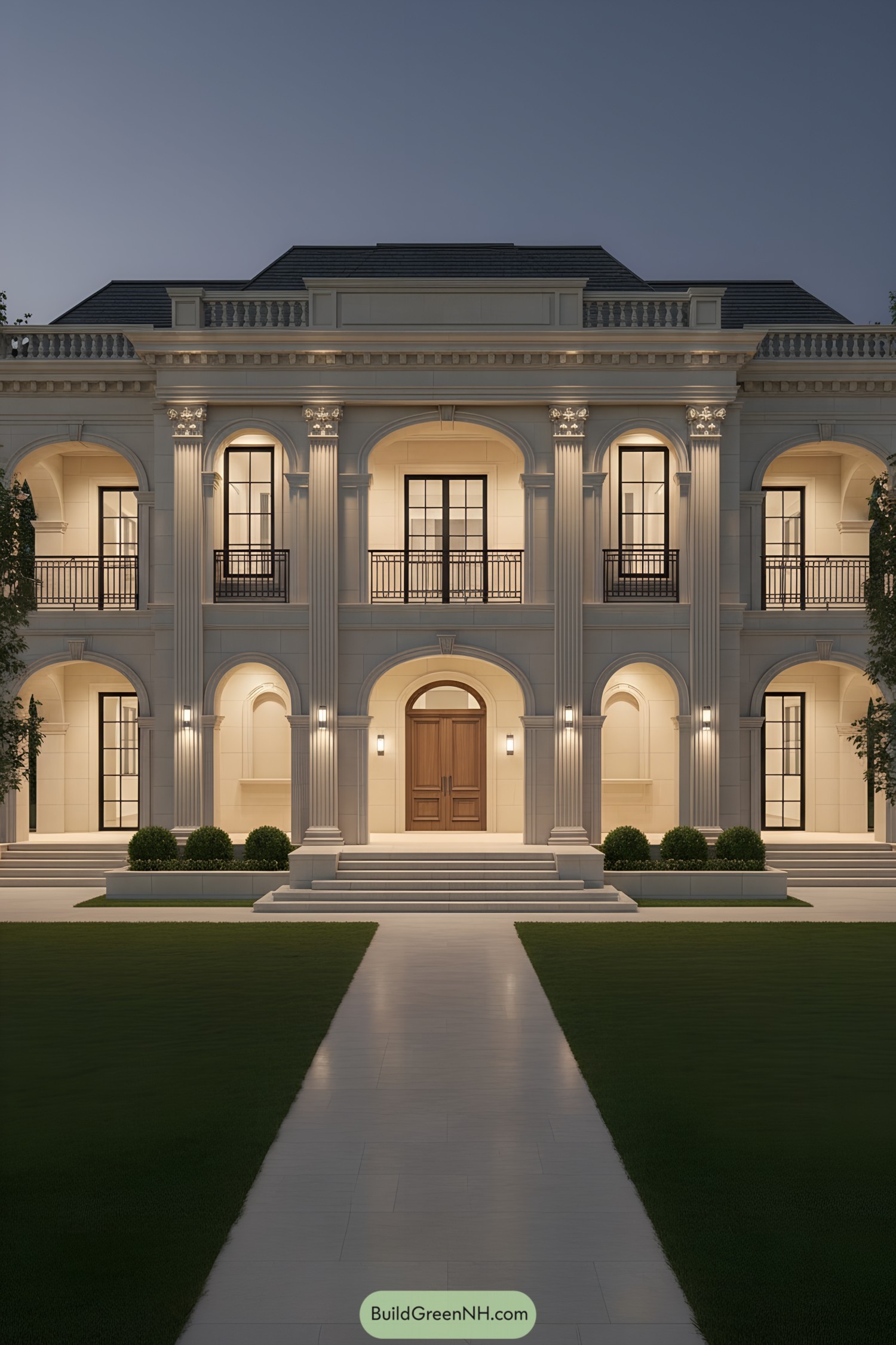 Two-story classical facade with arched colonnade and warm uplighting at dusk
