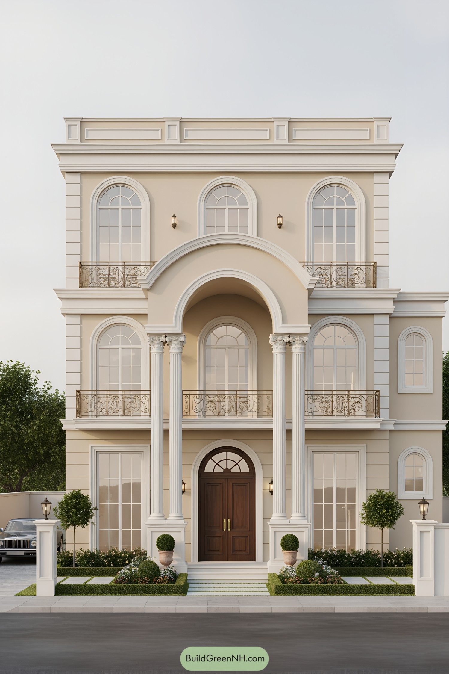 Three-story neoclassical facade with arched portico and columns