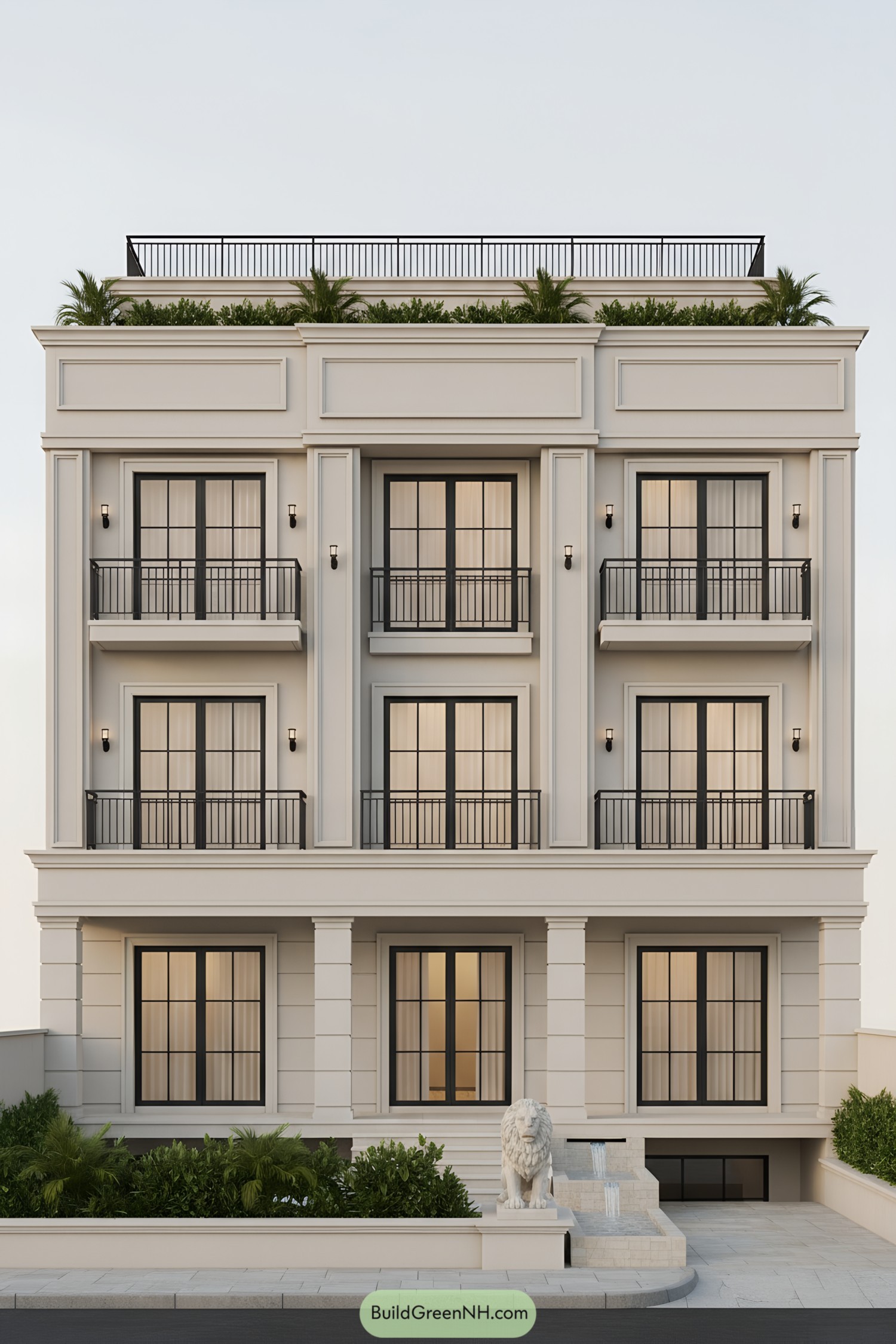 Classical facade with balconies and rooftop garden