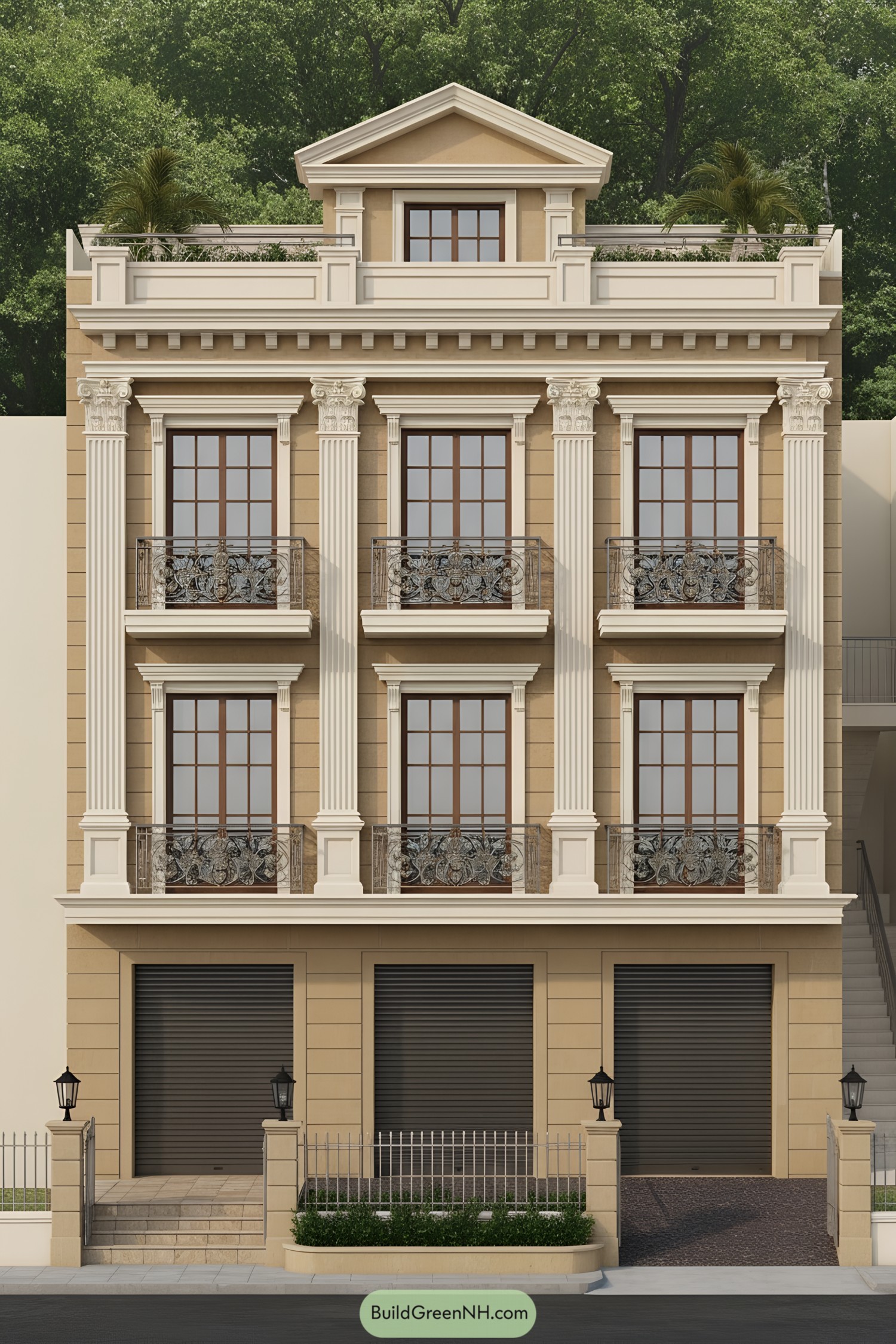 Classical townhouse facade with columns and iron balconies