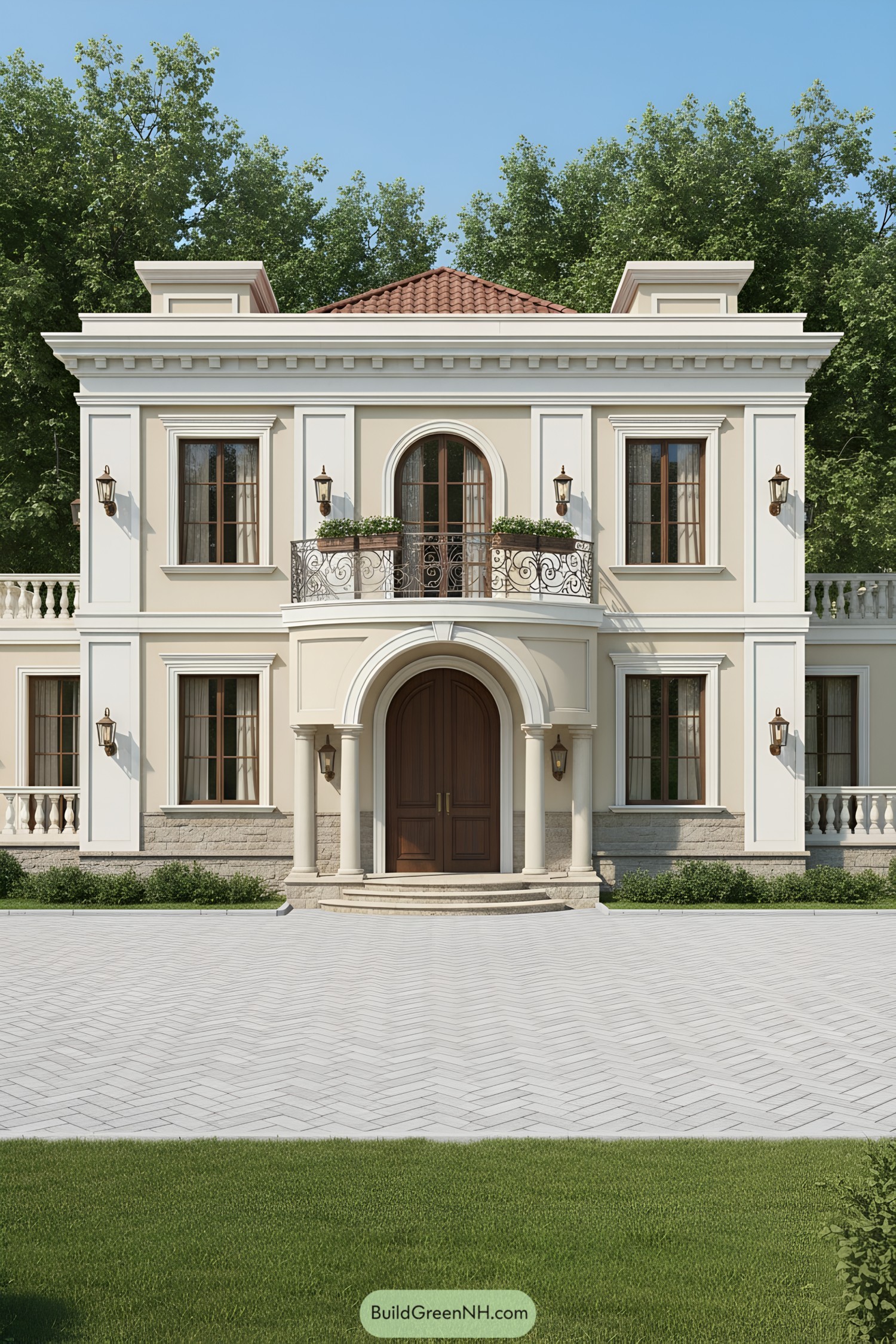 Classical villa facade with arched entry and wrought-iron balcony