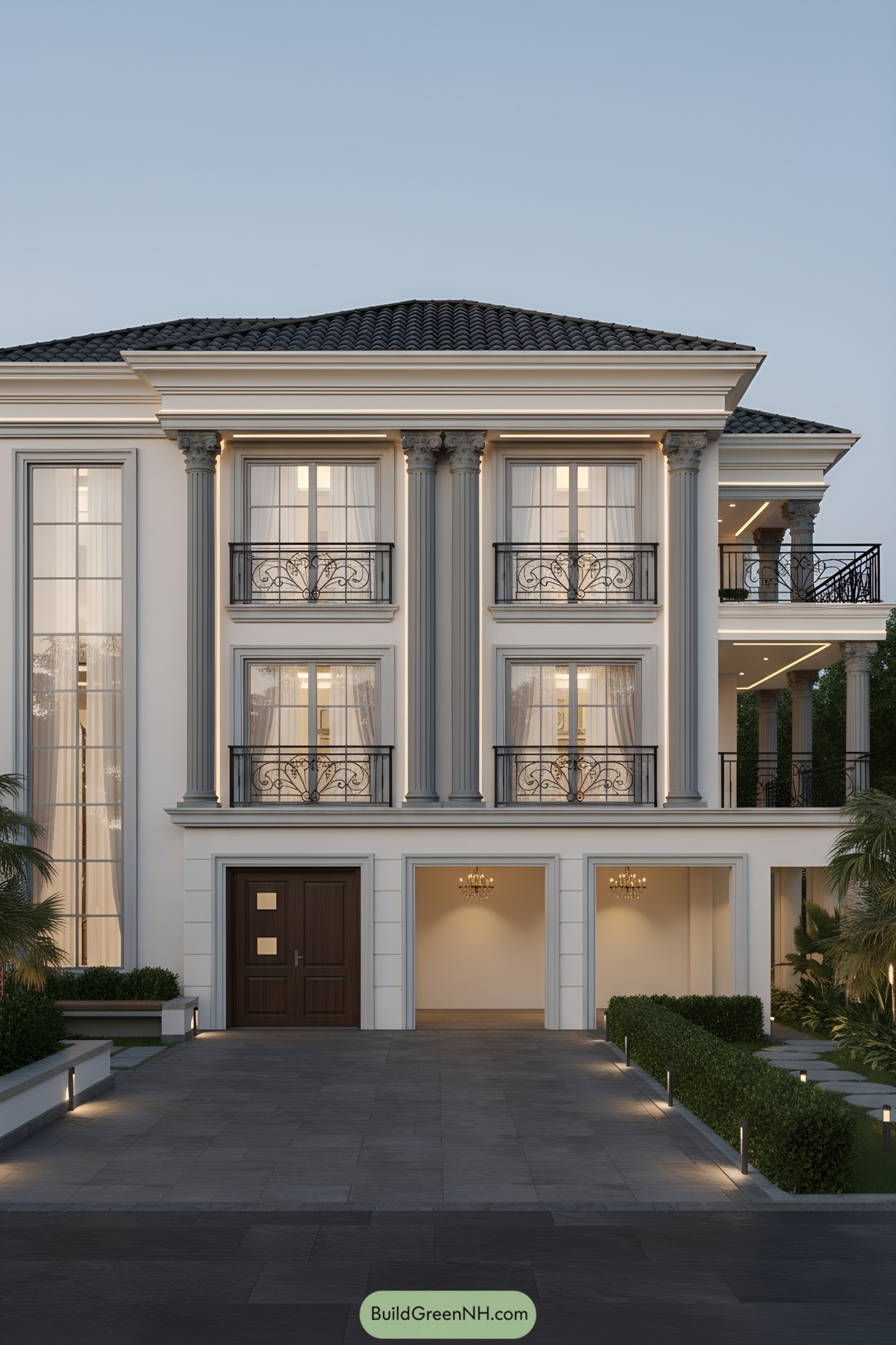 Symmetrical facade with columns and wrought-iron balconies at dusk