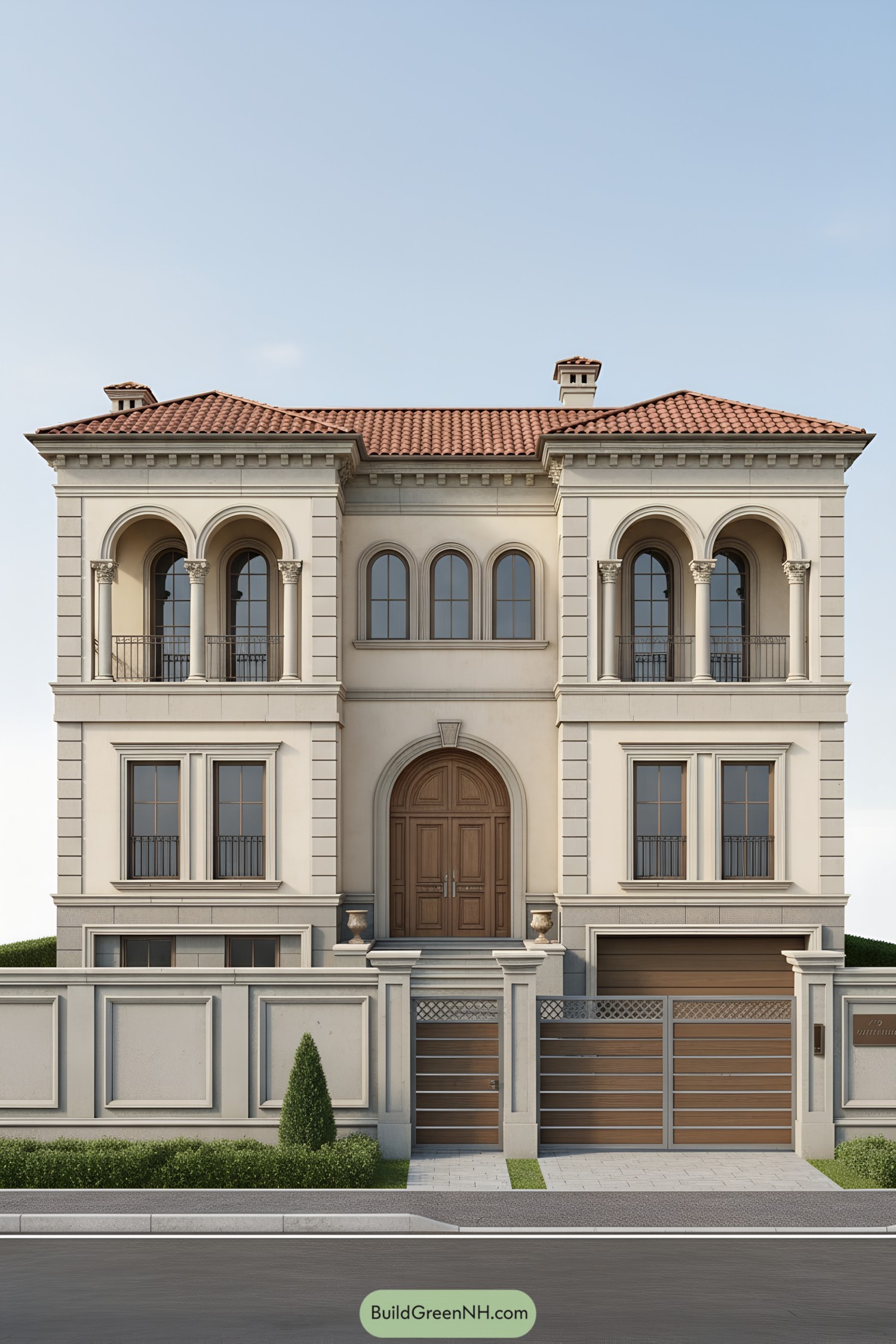Three-story stucco townhouse with arched loggias and red clay tile roof, central arched entry, and wood-and-metal garage gates