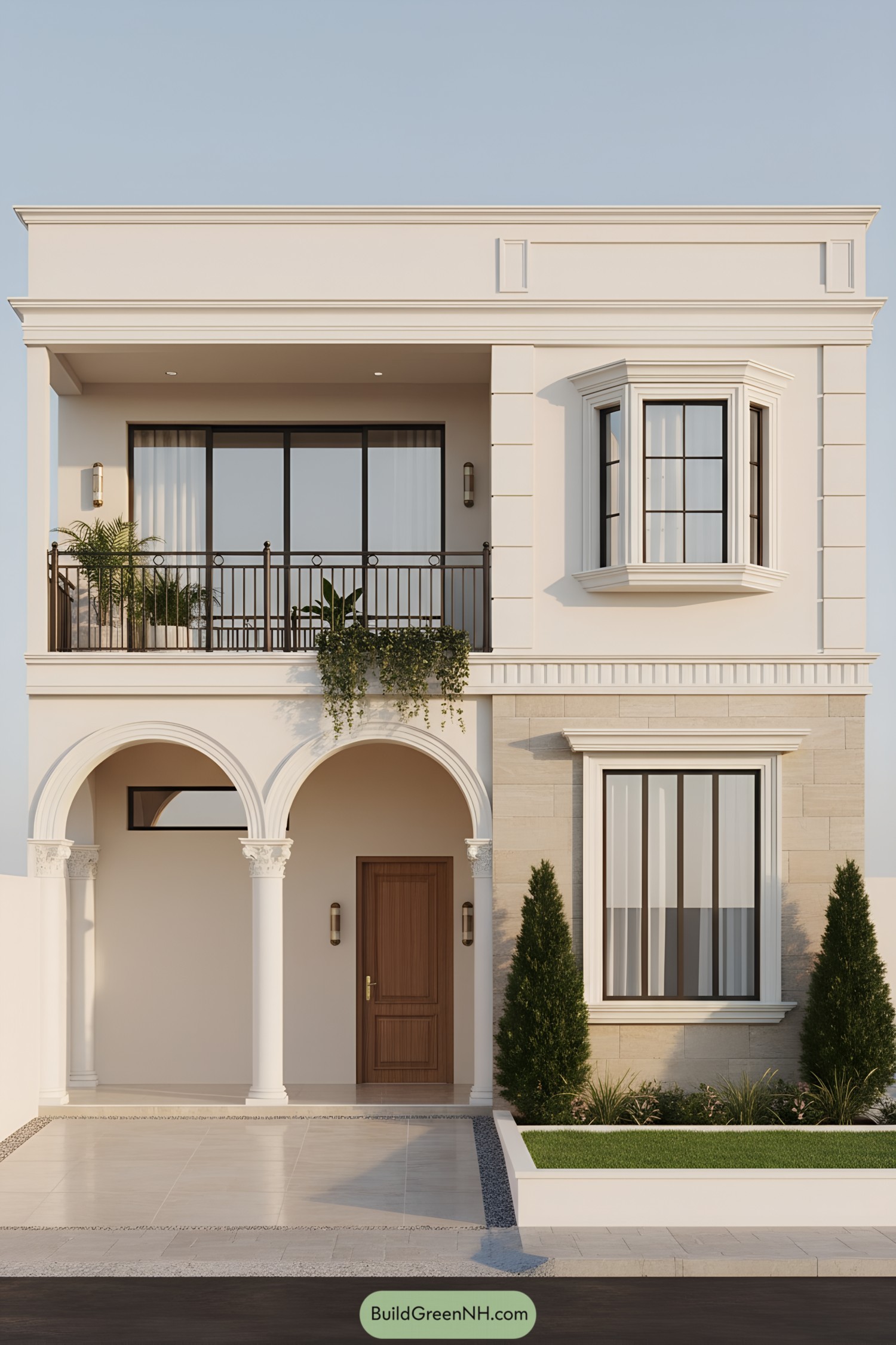 Two-story townhouse with arched portico and bay window, wrought-iron balcony, and clean cream facade