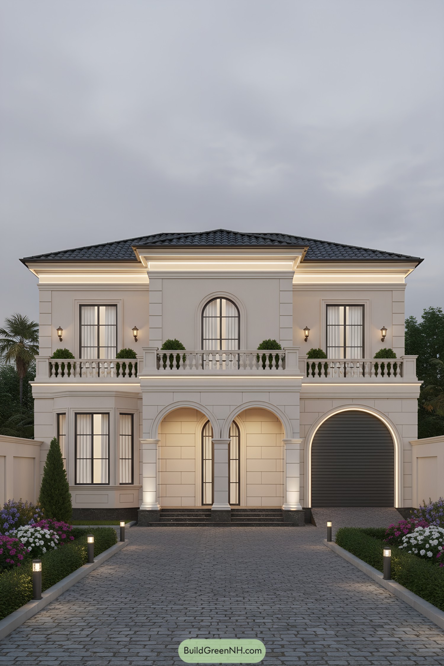 Two-story classical facade with arched portico and balcony