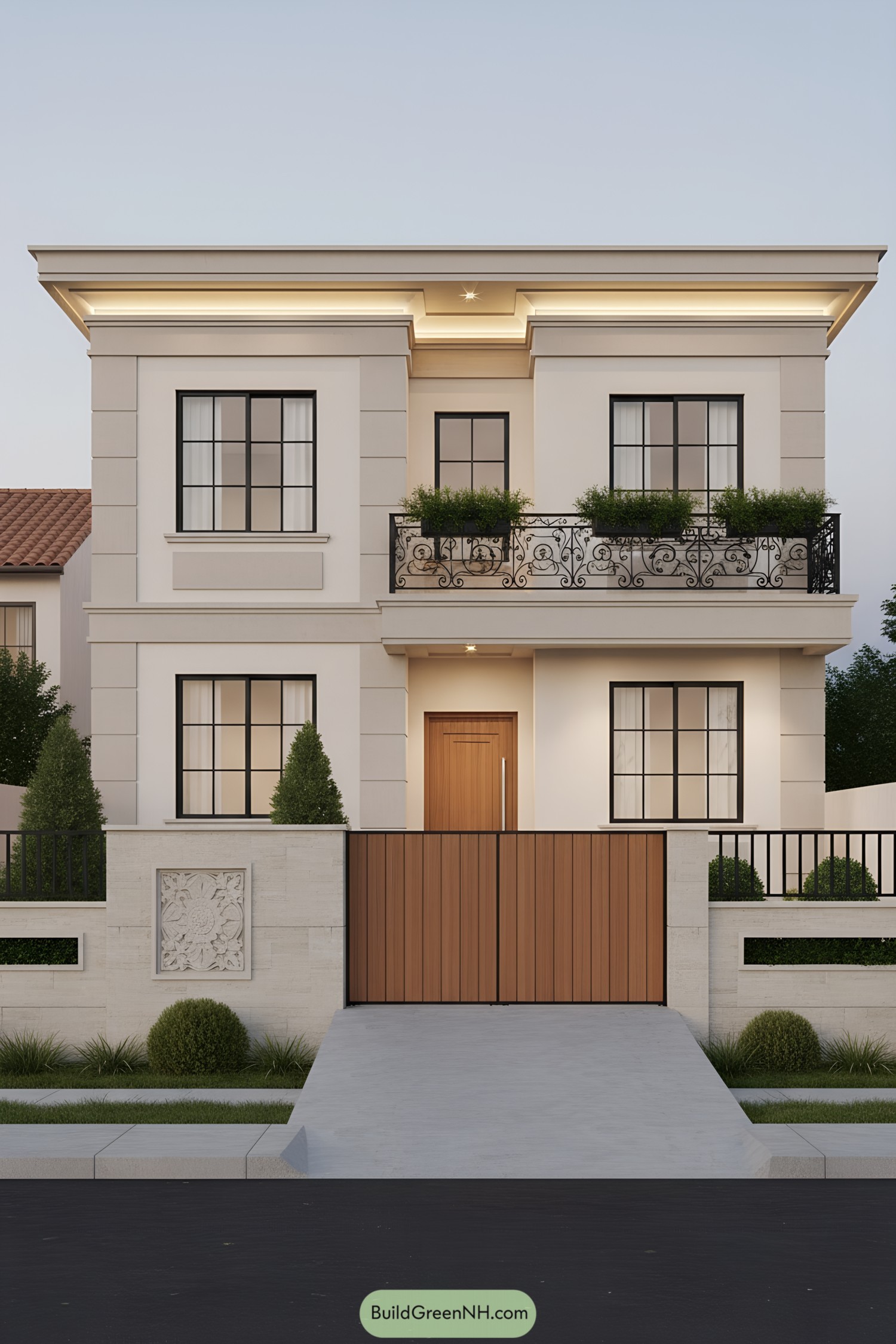 Two-story townhouse with glowing cornices, iron balcony, and wood gate