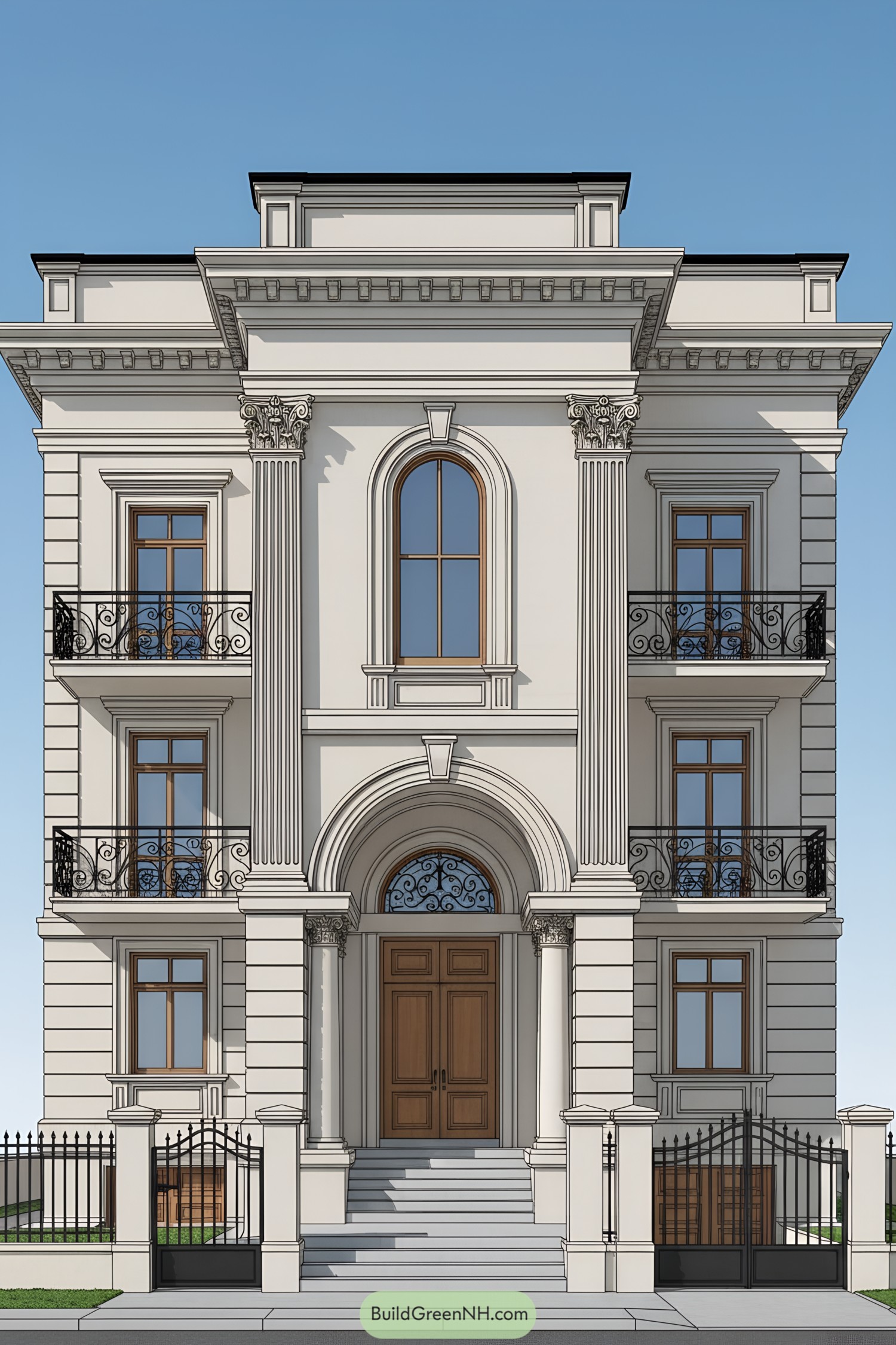 Classical townhouse facade with pilasters balconies and arched entry